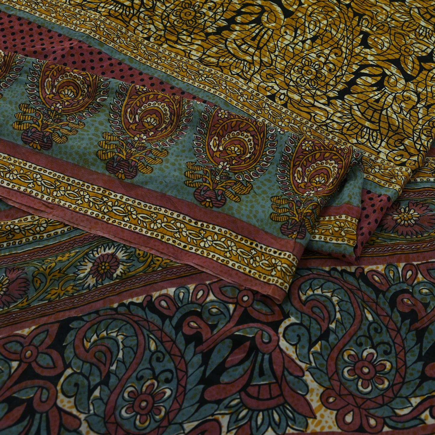 Indian Vintage Sari Mustard & Black Pure Crepe Silk Printed Sarees 5yd Sewing Soft Craft Fabric Floral Wrap Quilting Dress Making Crafting