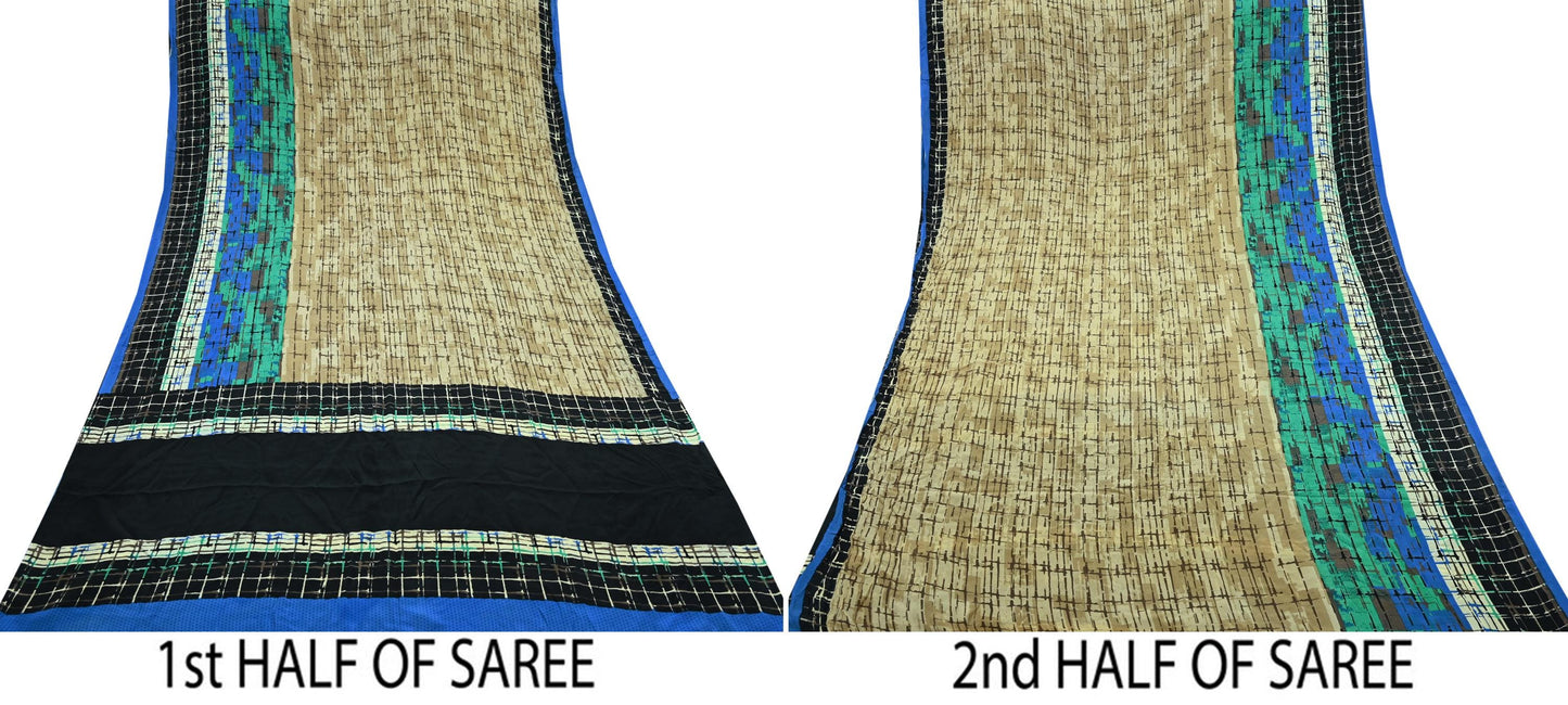 Indian Vintage Beige & Black Saree Pure Crepe Silk Printed Sari Craft Fabric 5yd Sewing Abstract Soft Wrap Dress making Crafting Quilting