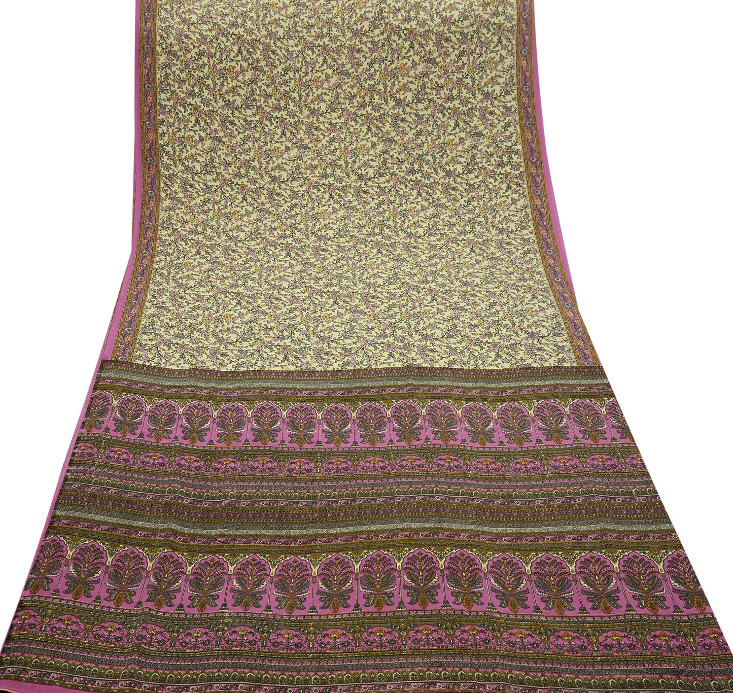 Indian Vintage Sari Ivory & Pink Moss Crepe Printed Sarees 5yd Craft Fabric Sewing Floral Soft Dress making Quilting Crafting Upcycle Used