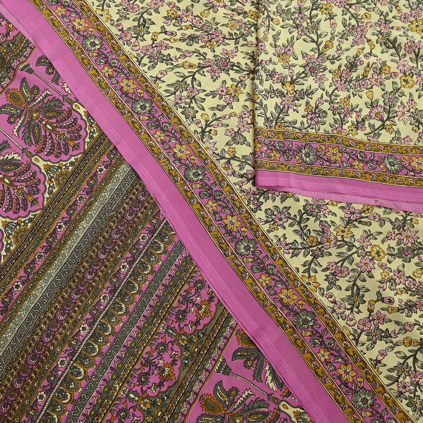Indian Vintage Sari Ivory & Pink Moss Crepe Printed Sarees 5yd Craft Fabric Sewing Floral Soft Dress making Quilting Crafting Upcycle Used