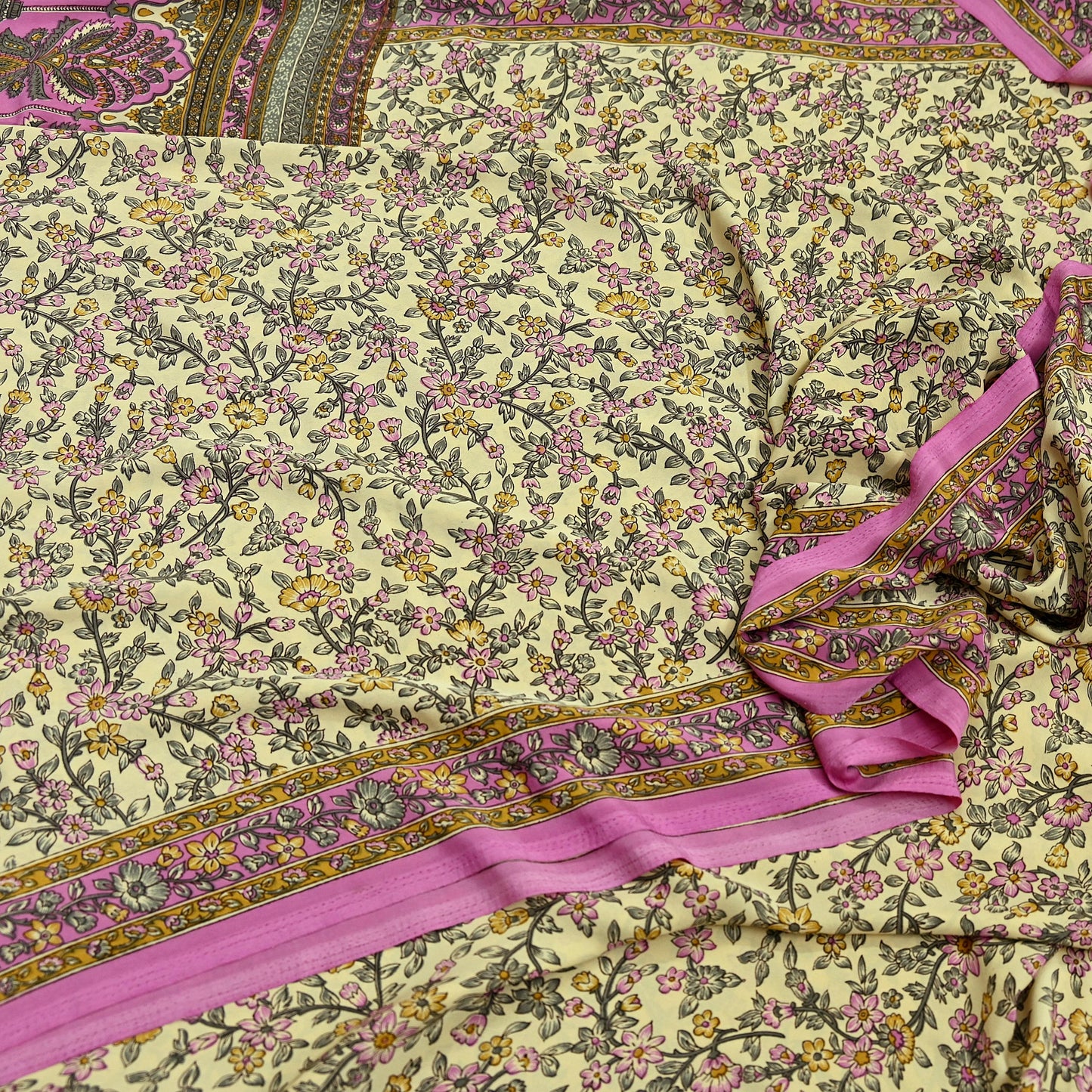 Indian Vintage Sari Ivory & Pink Moss Crepe Printed Sarees 5yd Craft Fabric Sewing Floral Soft Dress making Quilting Crafting Upcycle Used