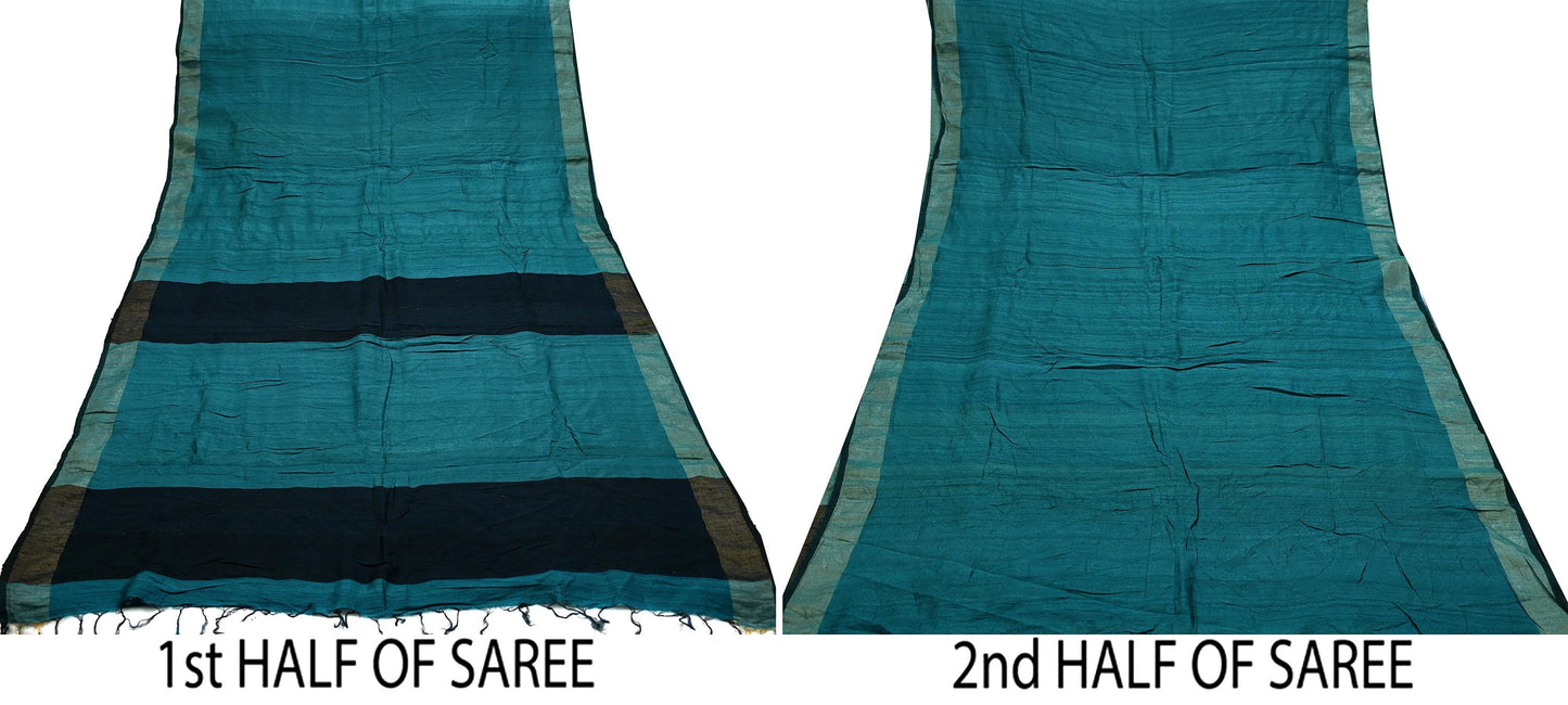 Indian Vintage Heavy Sari Green & Black Pure Khadi Silk Handloom Saree Craft Fabric 5yd Ethnic Wear Dress making For Crafting Quilting