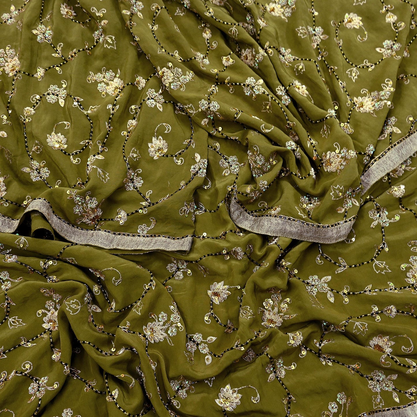 Indian Vintage Heavy Green Dupatta Pure Crepe Silk Long Stole Hand Embroidered Scarves Dabka Zardozi Zari Scarves Wedding/ Bridal Veil