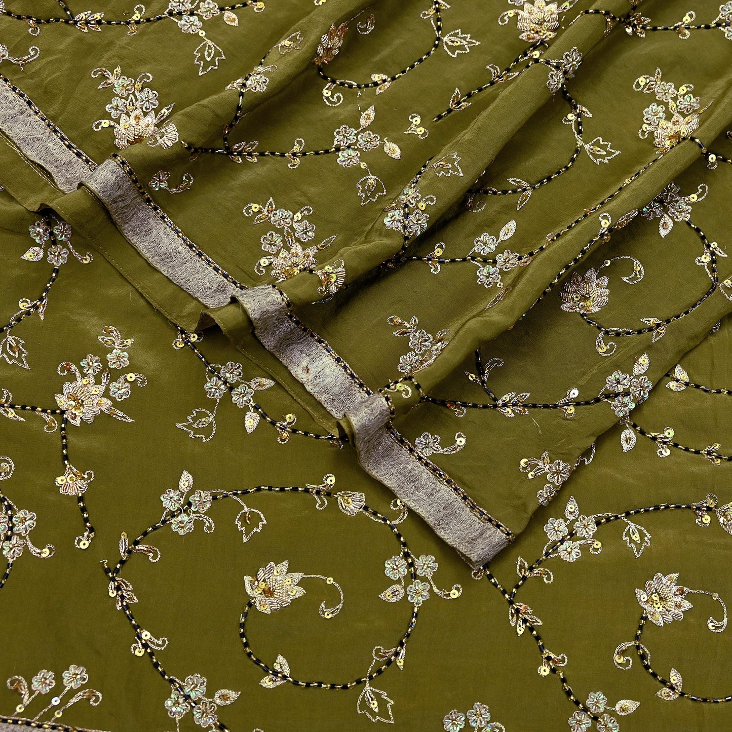 Indian Vintage Heavy Green Dupatta Pure Crepe Silk Long Stole Hand Embroidered Scarves Dabka Zardozi Zari Scarves Wedding/ Bridal Veil