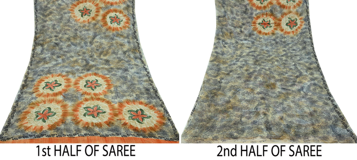 Indian Vintage Sari Orange & Gray Pure Georgette Silk Printed Sarees 5Yd Craft Fabric Sewing Quilting Dress making Crafting Dress Designing