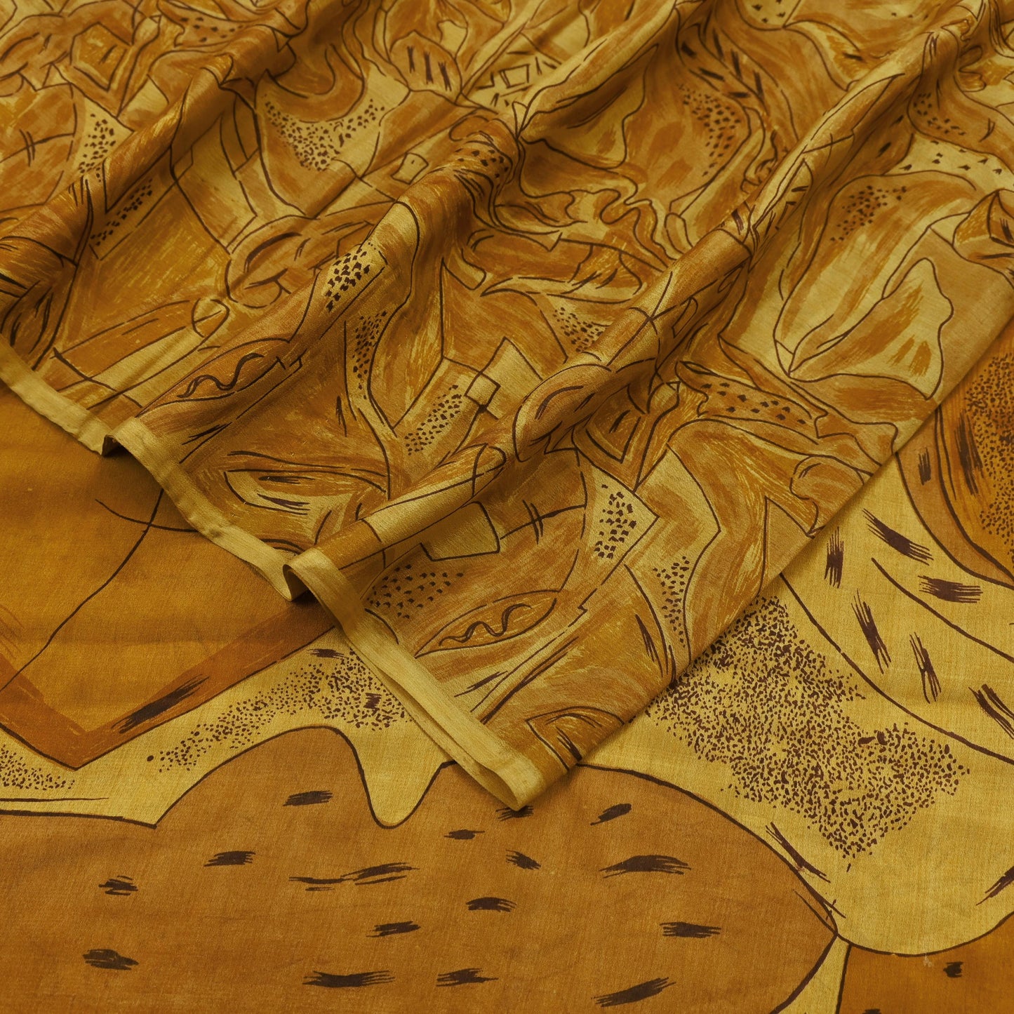 Indian Vintage Sari Saffron 100% Pure Silk Printed Saree 6yd Sewing Craft Fabric Dress Making Soft Wrap Floral Abstract Quilting Crafting