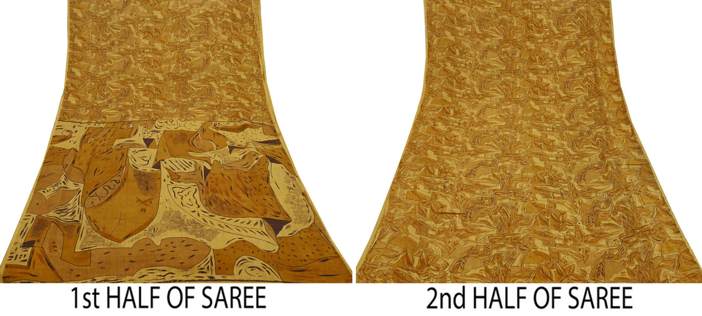 Indian Vintage Sari Saffron 100% Pure Silk Printed Saree 6yd Sewing Craft Fabric Dress Making Soft Wrap Floral Abstract Quilting Crafting