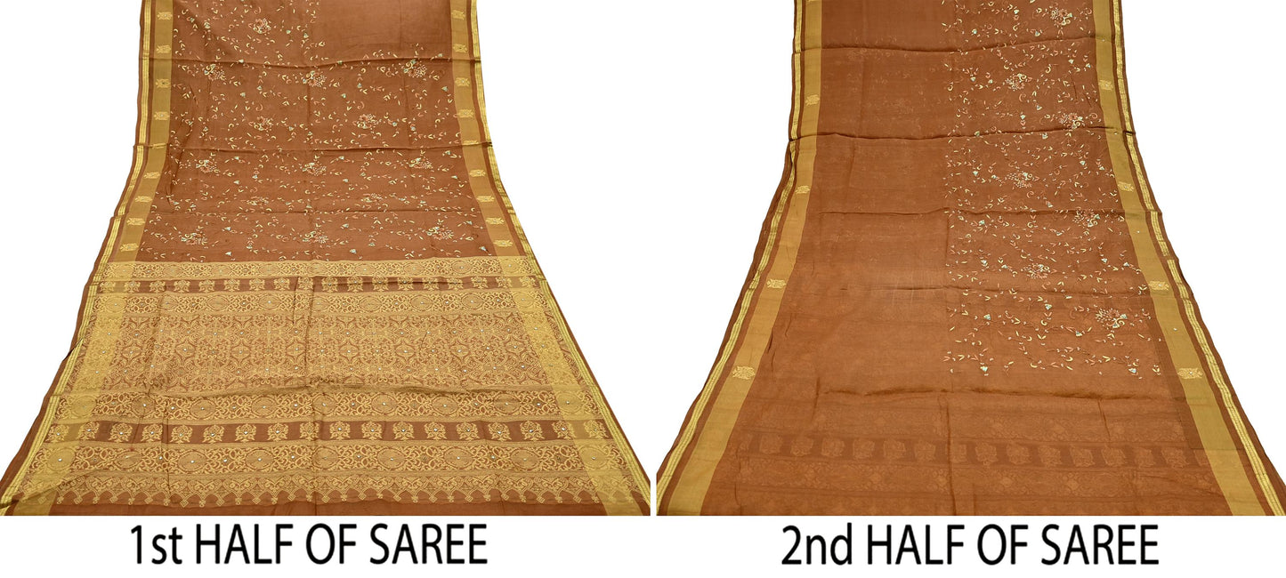 Indian Vintage Sari Brown Hand Woven 100% Pure Silk Saree Craft Fabric 5Yd Dress Making Crafting Quilting Upcycle Zardozi Ethnic