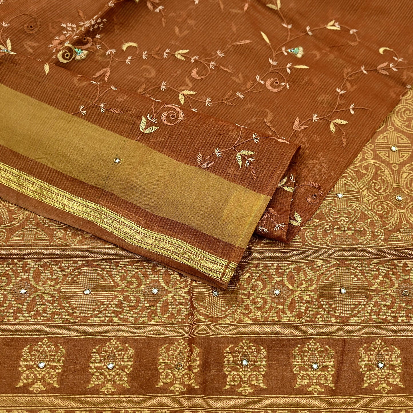 Indian Vintage Sari Brown Hand Woven 100% Pure Silk Saree Craft Fabric 5Yd Dress Making Crafting Quilting Upcycle Zardozi Ethnic