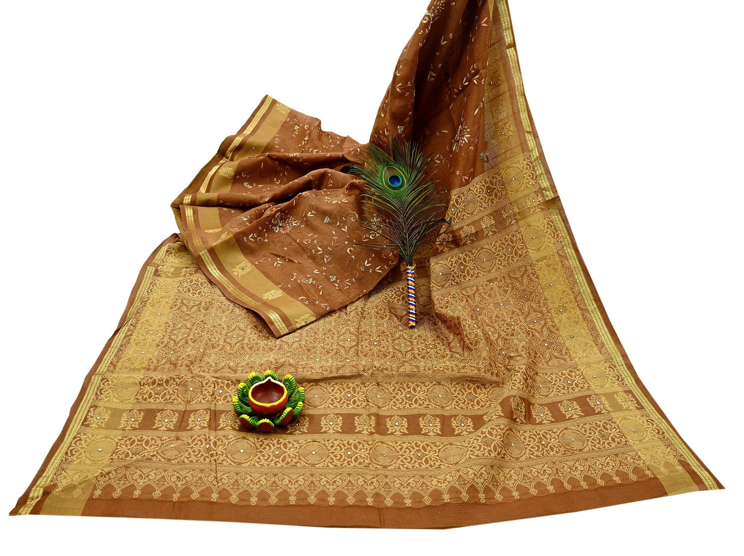 Indian Vintage Sari Brown Hand Woven 100% Pure Silk Saree Craft Fabric 5Yd Dress Making Crafting Quilting Upcycle Zardozi Ethnic