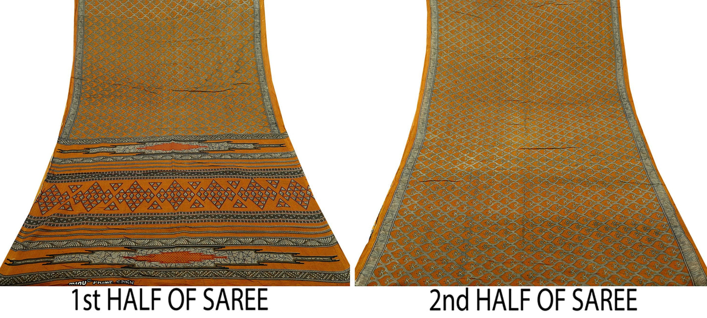 Indian Vintage Brown & Saffron Saree Printed Pure Cotton Indian Sari Craft Fabric 5Yd Soft Sewing Sarong Wrap Boho Floral Dress making