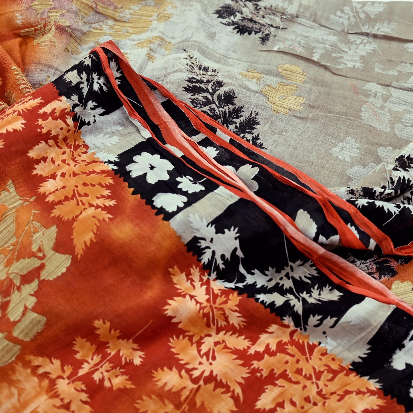 Indian Vintage Orange & Cream Saree Printed Pure Cotton Sari Craft Fabric Soft 5Yd Sewing Sarong Wrap Boho Dress making Quilting Upcycle