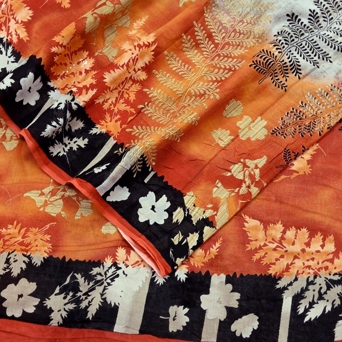 Indian Vintage Orange & Cream Saree Printed Pure Cotton Sari Craft Fabric Soft 5Yd Sewing Sarong Wrap Boho Dress making Quilting Upcycle
