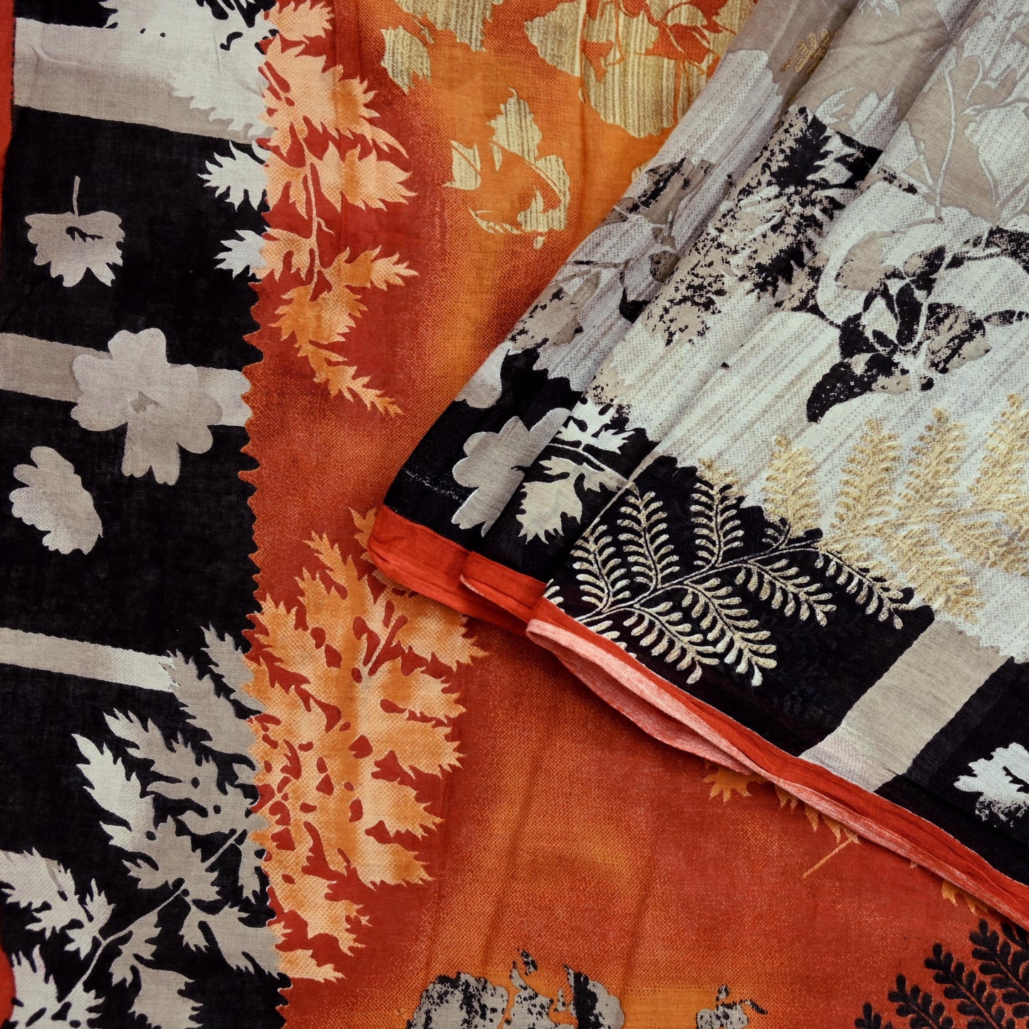 Indian Vintage Orange & Cream Saree Printed Pure Cotton Sari Craft Fabric Soft 5Yd Sewing Sarong Wrap Boho Dress making Quilting Upcycle