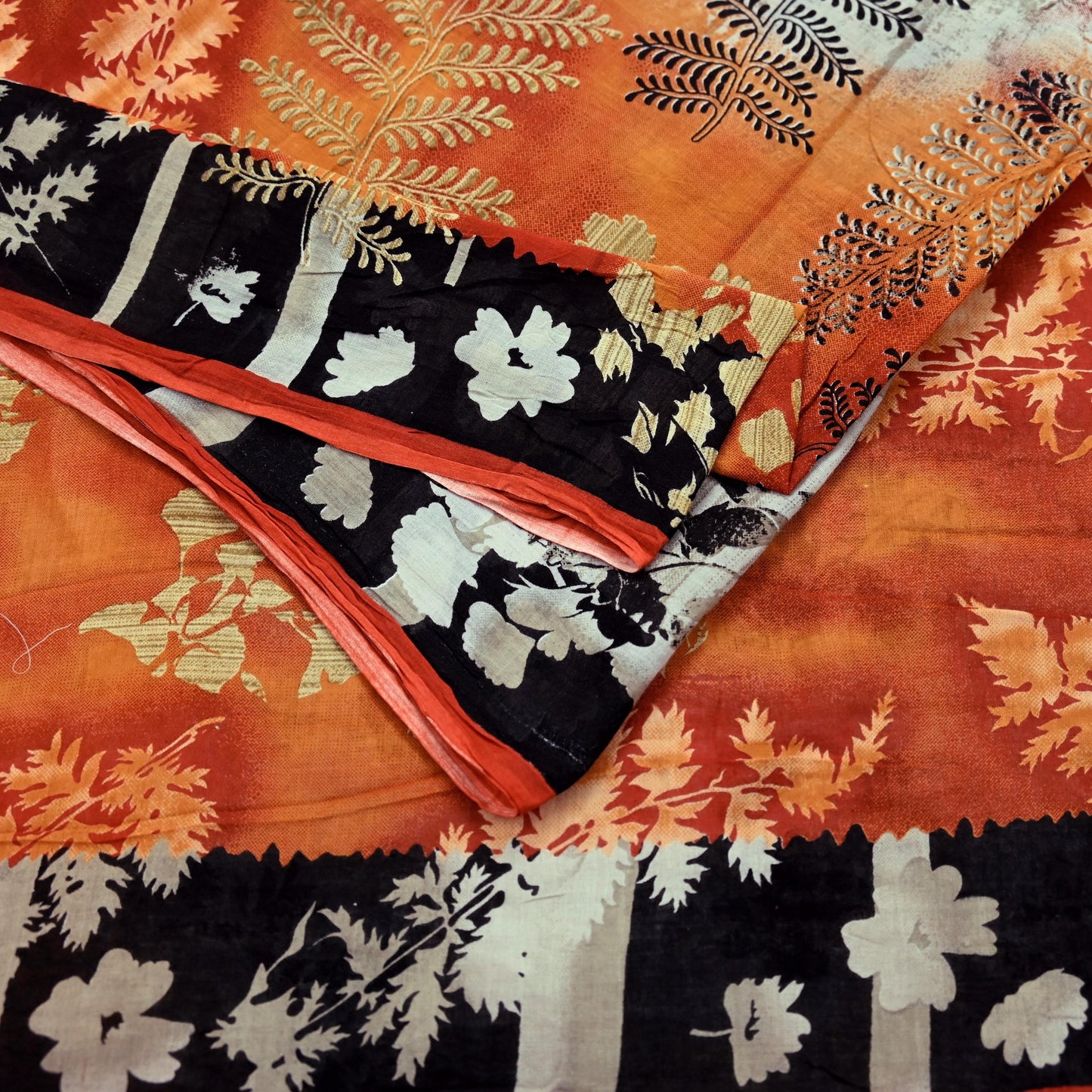 Indian Vintage Orange & Cream Saree Printed Pure Cotton Sari Craft Fabric Soft 5Yd Sewing Sarong Wrap Boho Dress making Quilting Upcycle