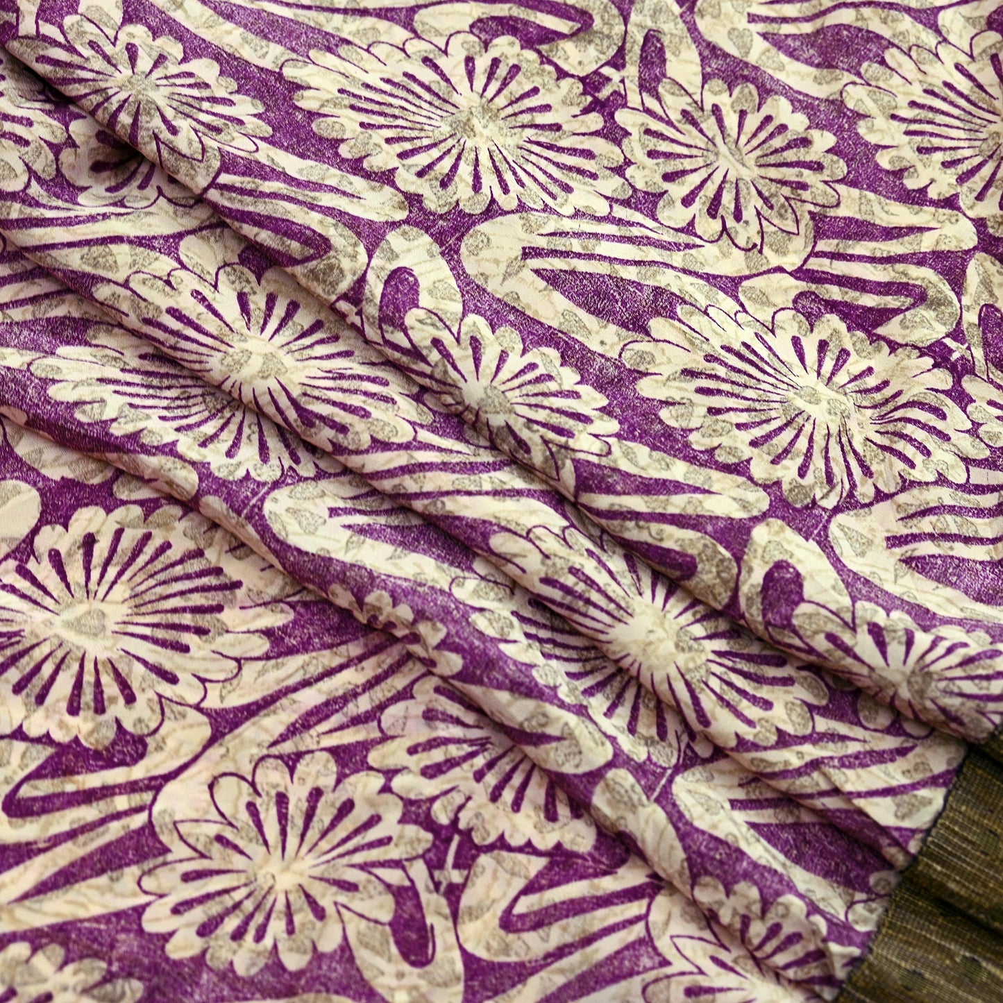 Indian Vintage Sari Ivory & Purple Saree Pure Crepe Silk Printed Sarees 5yd Sewing Floral Soft Craft Fabric Wrap Crafting Dress making