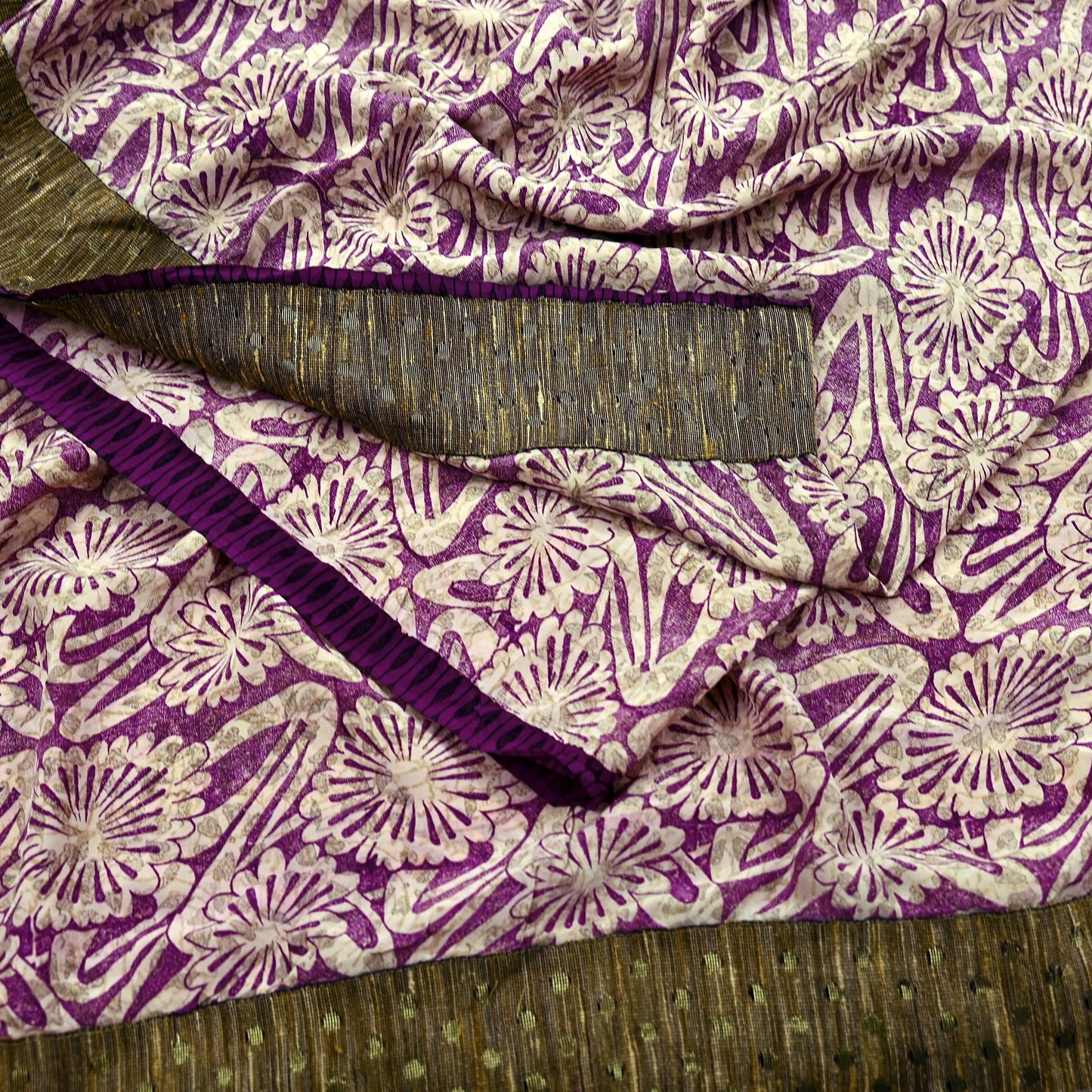 Indian Vintage Sari Ivory & Purple Saree Pure Crepe Silk Printed Sarees 5yd Sewing Floral Soft Craft Fabric Wrap Crafting Dress making