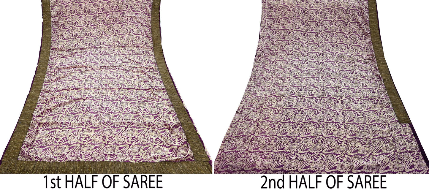 Indian Vintage Sari Ivory & Purple Saree Pure Crepe Silk Printed Sarees 5yd Sewing Floral Soft Craft Fabric Wrap Crafting Dress making
