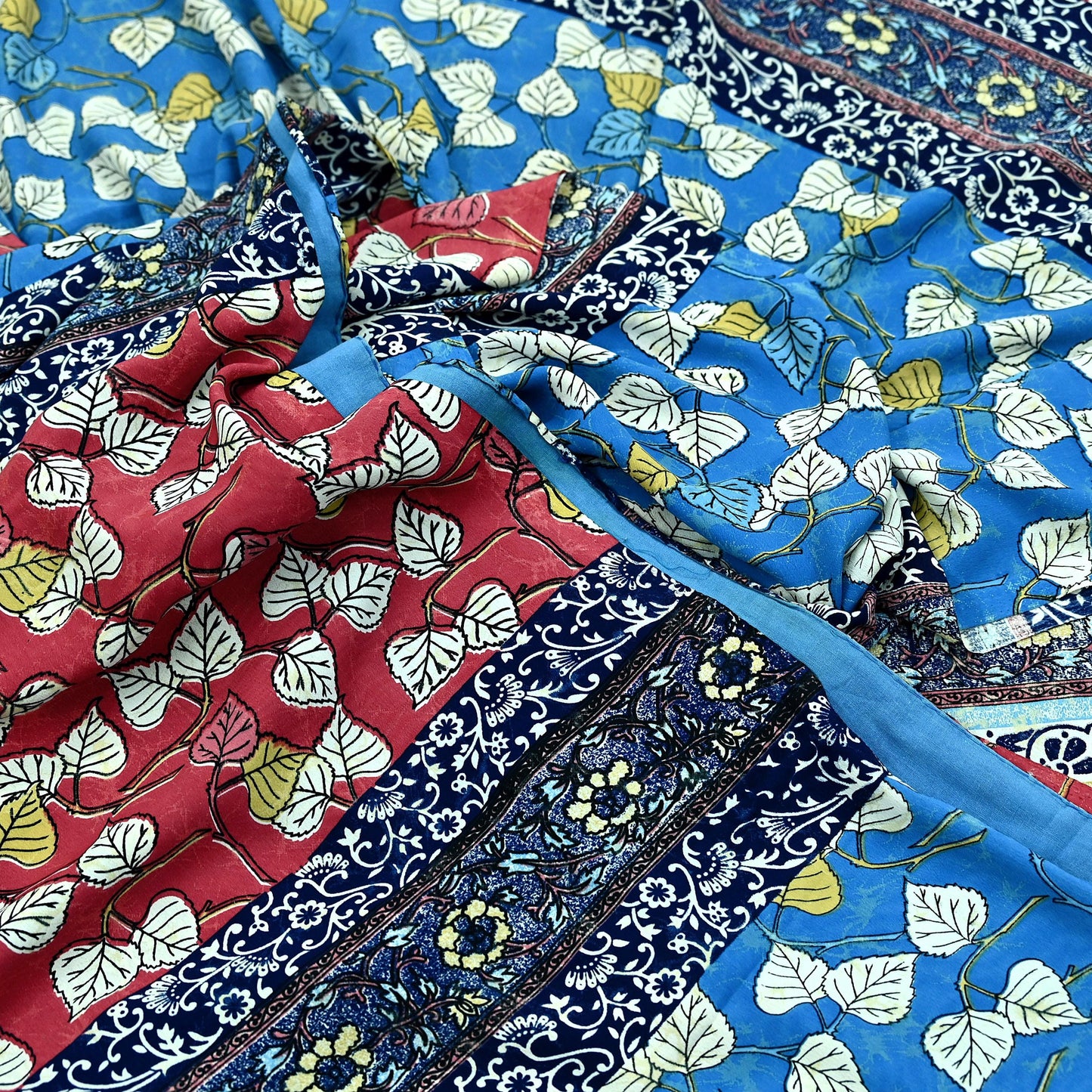 Indian Vintage Pink & Blue Saree Moss Crepe Printed Sari 5yd Sewing Floral Soft Craft Fabric Dressmaking