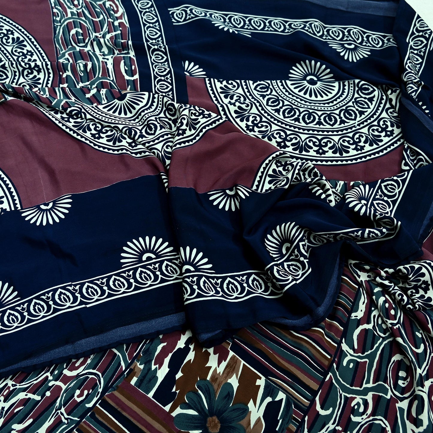 Indian Vintage Sari Pink & Blue Moss Crepe Printed Sarees Craft Fabric 5yd Sewing Floral Soft Dress making Quilting Crafting Upcycle Used