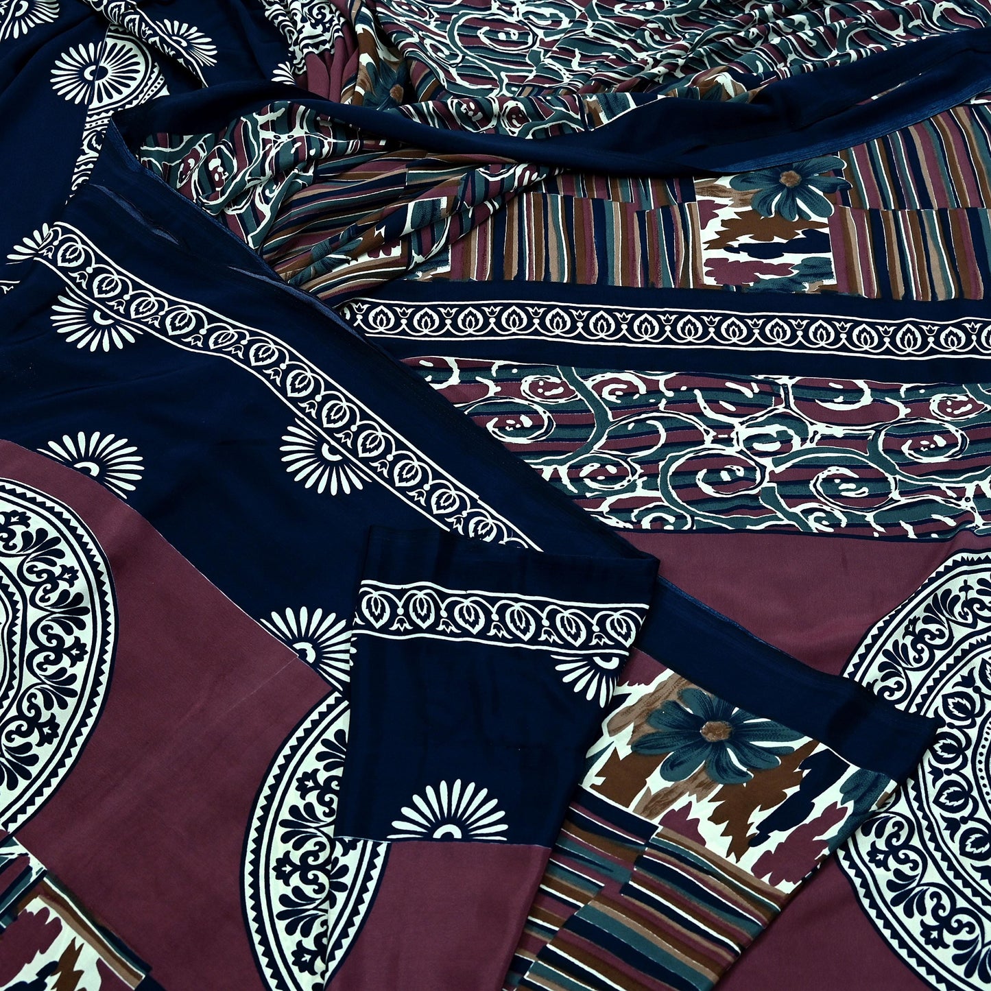 Indian Vintage Sari Pink & Blue Moss Crepe Printed Sarees Craft Fabric 5yd Sewing Floral Soft Dress making Quilting Crafting Upcycle Used