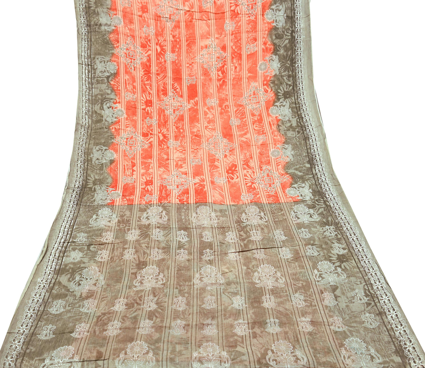 Indian Vintage Sari Brown & Peach 100% Pure Cotton Printed Sarees 5Yd Craft Fabric Sewing Sarong Wrap Boho Quilting Upcycle Dress Making