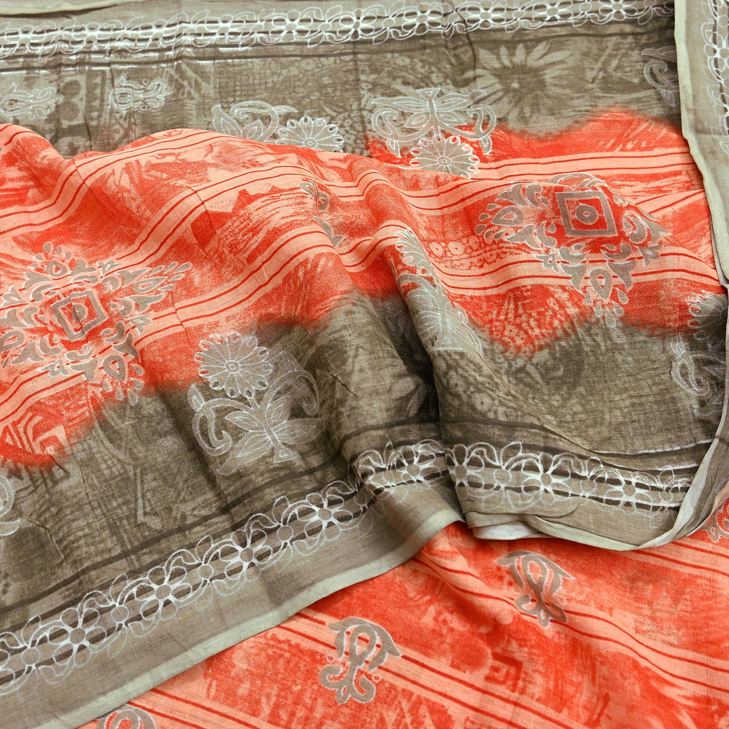 Indian Vintage Sari Brown & Peach 100% Pure Cotton Printed Sarees 5Yd Craft Fabric Sewing Sarong Wrap Boho Quilting Upcycle Dress Making