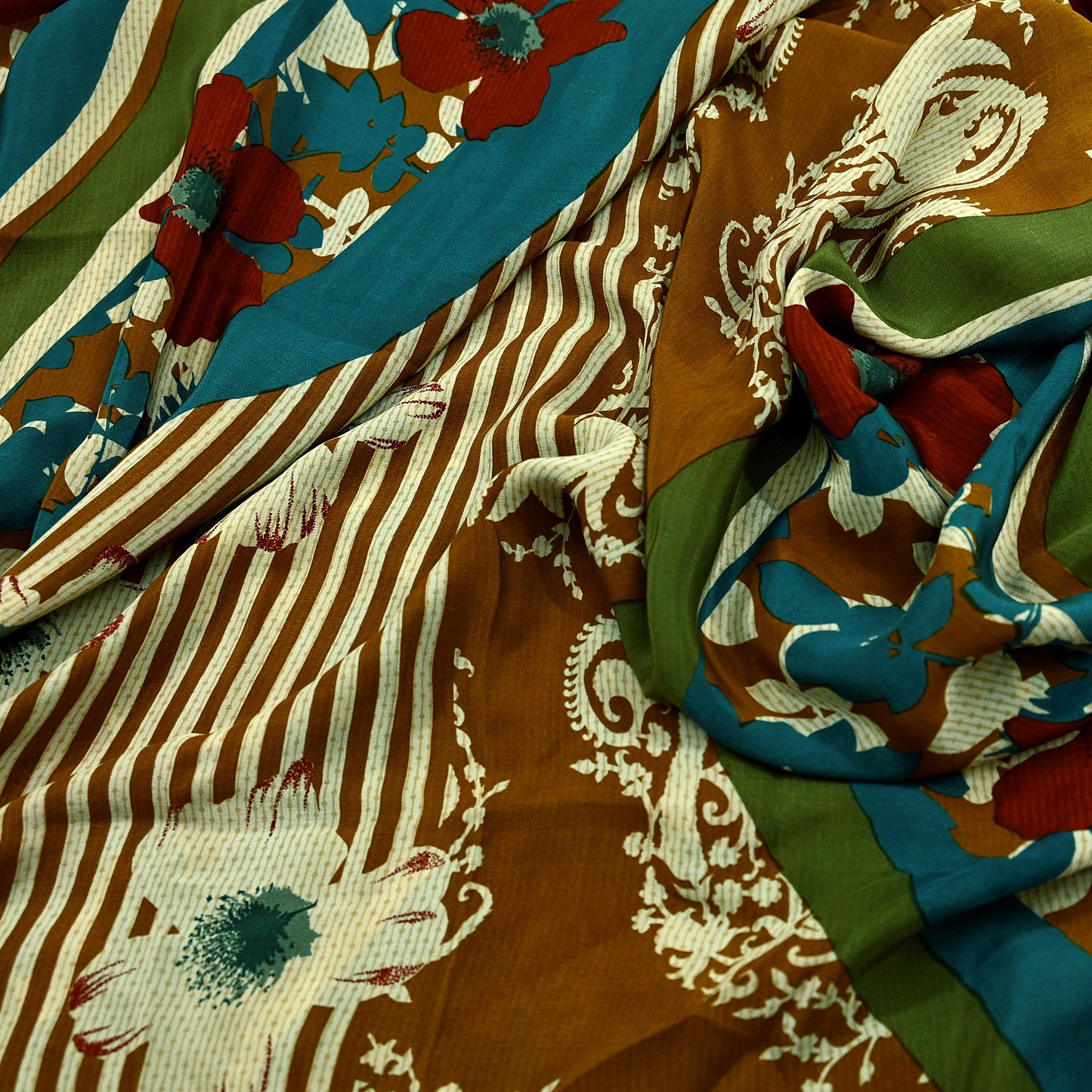 Indian Vintage Sari Green & Mustard Pure Crepe Silk Printed Sarees 5yd Sewing Floral Soft Craft Fabric Wrap Dress Making Crafting Quilting