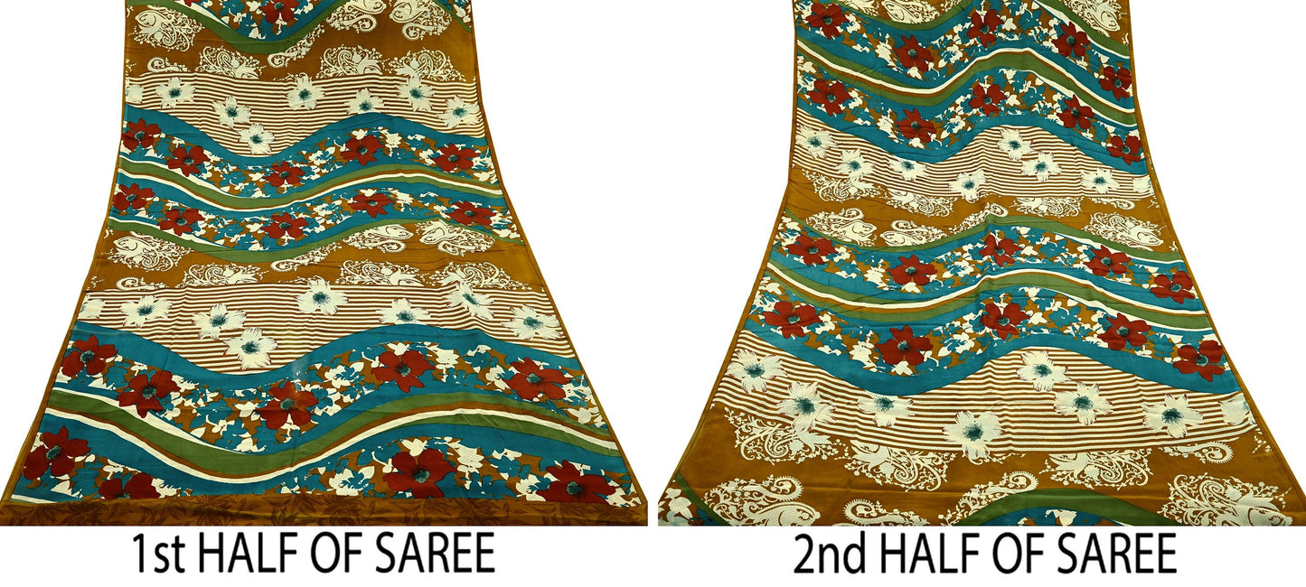 Indian Vintage Sari Green & Mustard Pure Crepe Silk Printed Sarees 5yd Sewing Floral Soft Craft Fabric Wrap Dress Making Crafting Quilting