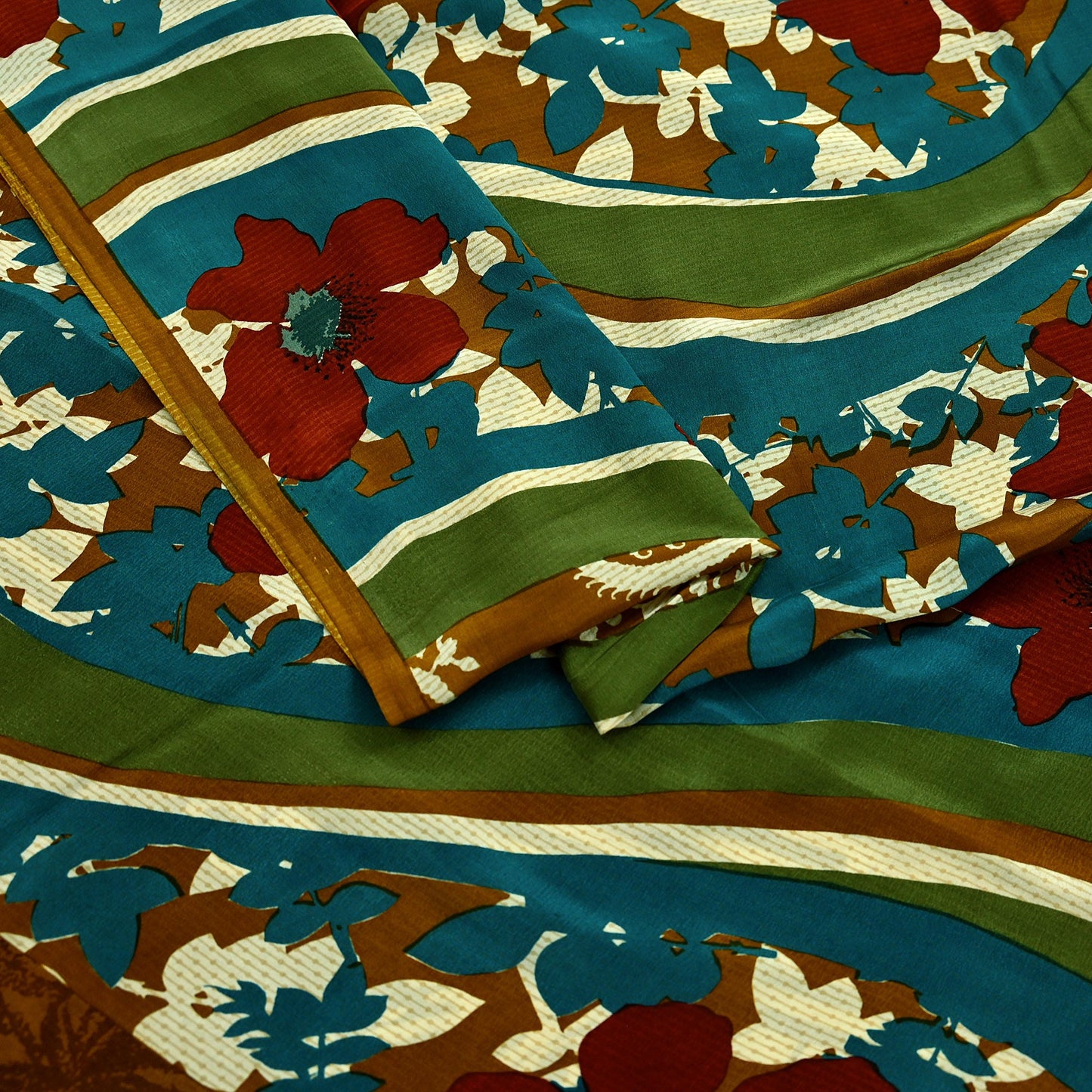 Indian Vintage Sari Green & Mustard Pure Crepe Silk Printed Sarees 5yd Sewing Floral Soft Craft Fabric Wrap Dress Making Crafting Quilting