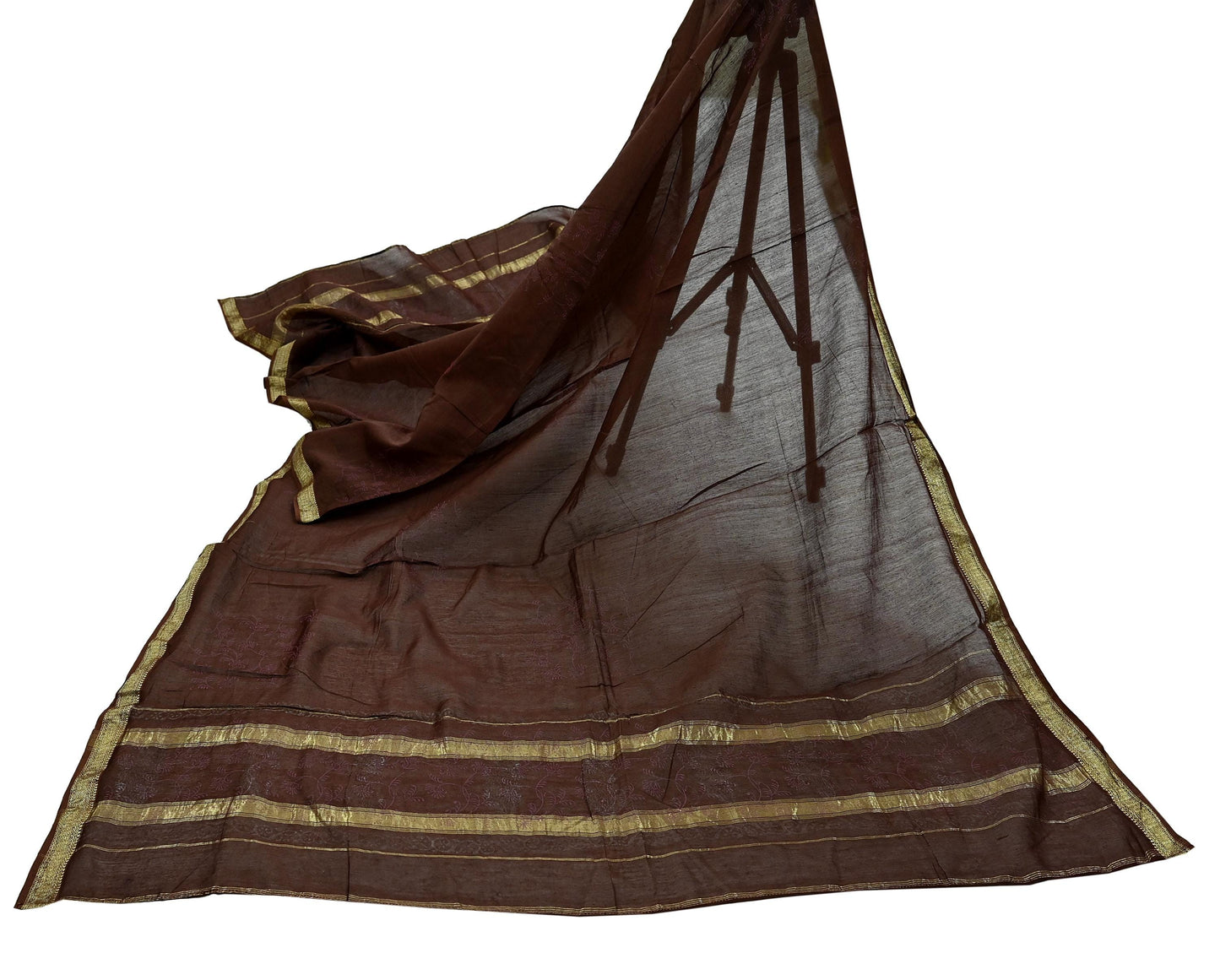 Indian Vintage Dupatta Brown Long Stole Hand Woven Pure Chanderi Silk Scarves Veil Zari Soft Fringes Scarf Wrap Boho