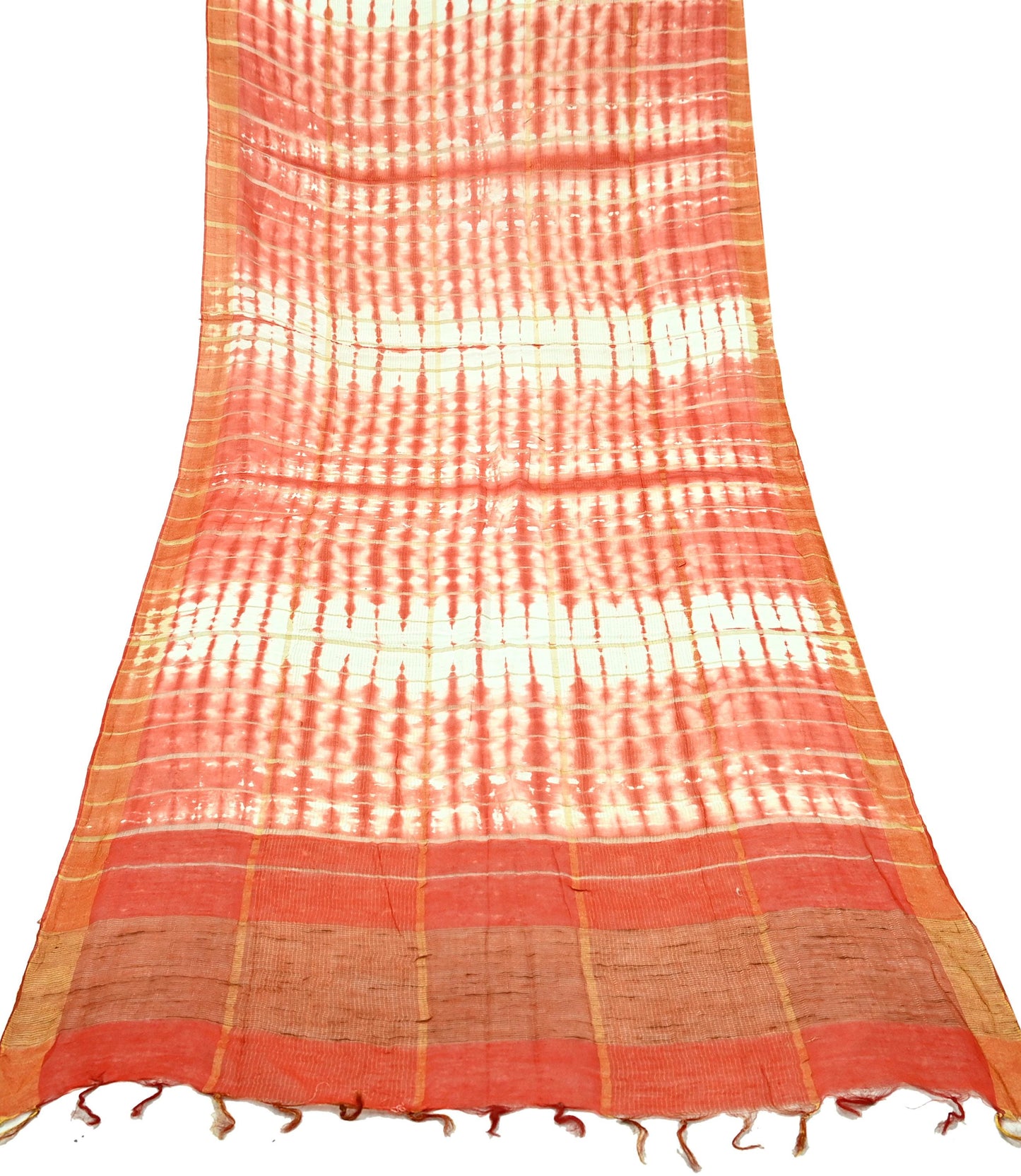 Indian Vintage Dupatta Orange & White Long Stole Hand Tie-Dye Pure Chanderi Silk Scarves Veil Zari Soft Fringes Scarf Wrap Boho