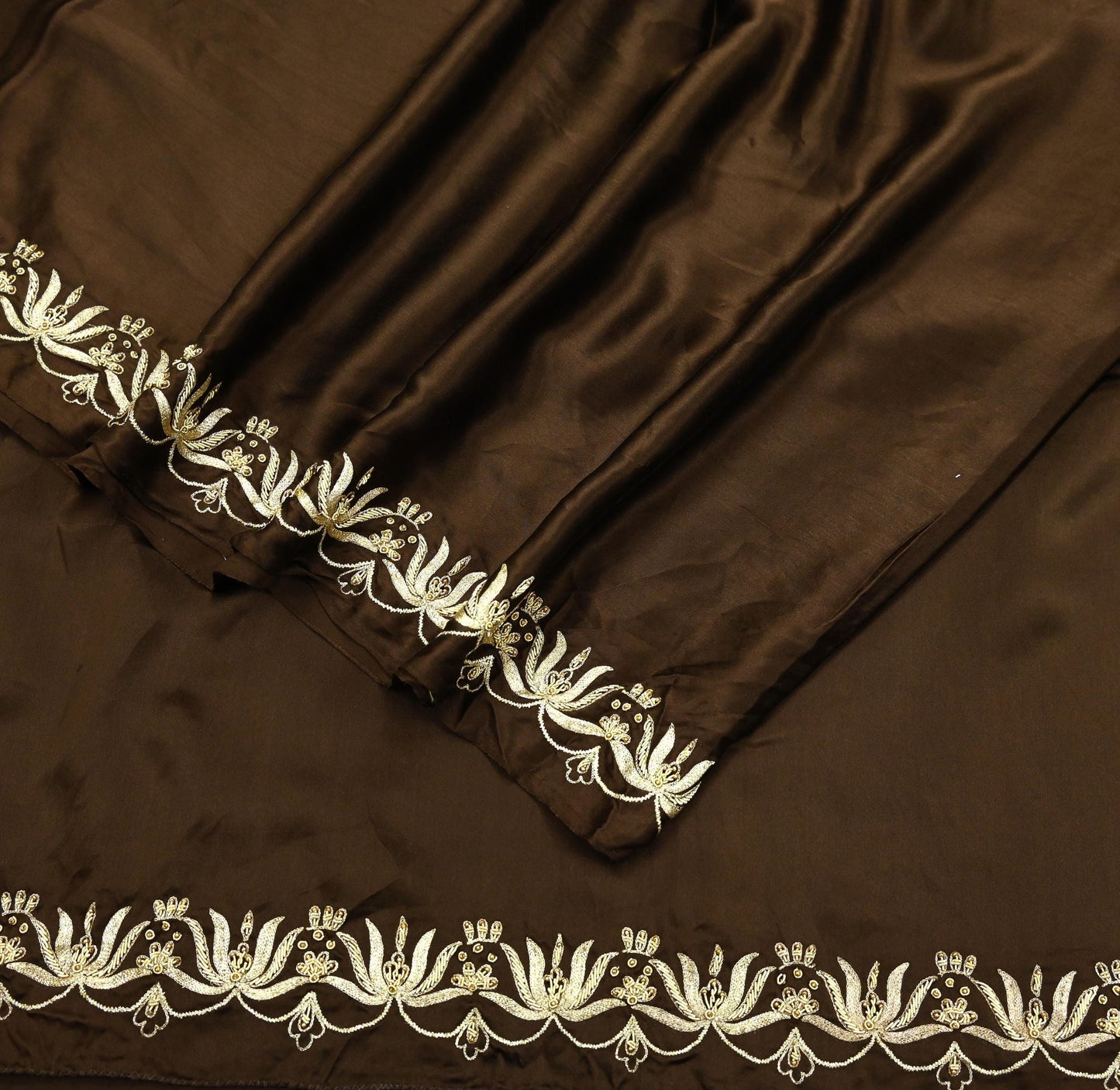 Indian Vintage Heavy Wedding Navy Brown Dupatta Pure Satin Silk Long Stole Hand Embroidered Scarves Golden Zardozi Stole Bridal Veil