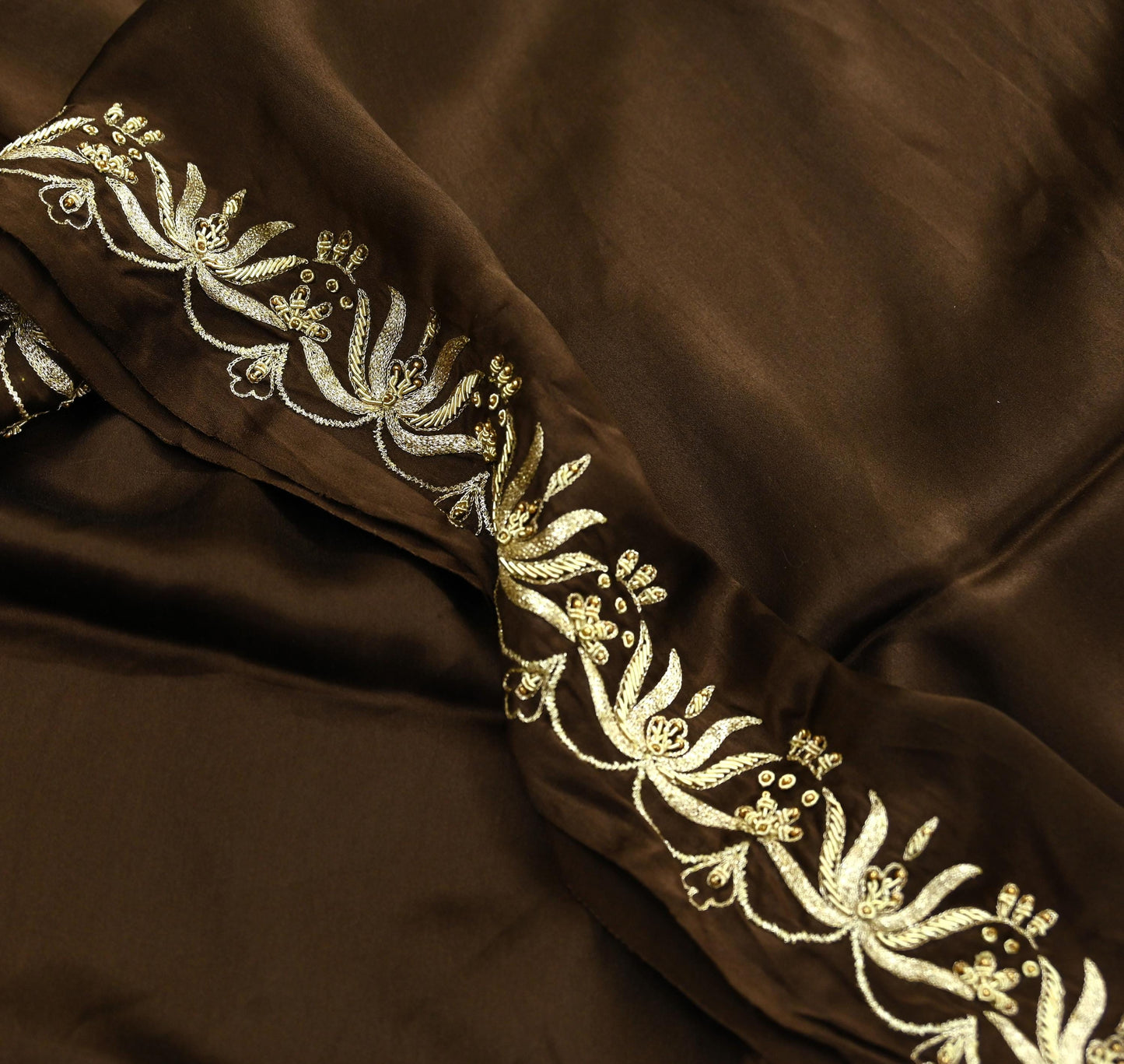 Indian Vintage Heavy Wedding Navy Brown Dupatta Pure Satin Silk Long Stole Hand Embroidered Scarves Golden Zardozi Stole Bridal Veil