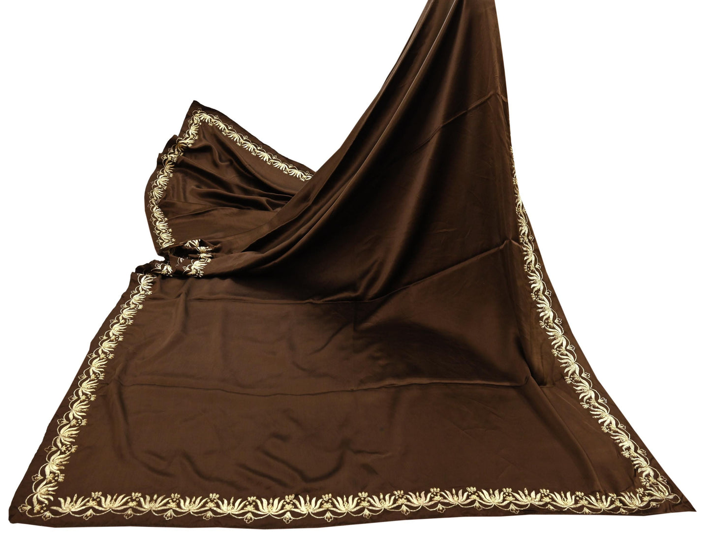 Indian Vintage Heavy Wedding Navy Brown Dupatta Pure Satin Silk Long Stole Hand Embroidered Scarves Golden Zardozi Stole Bridal Veil
