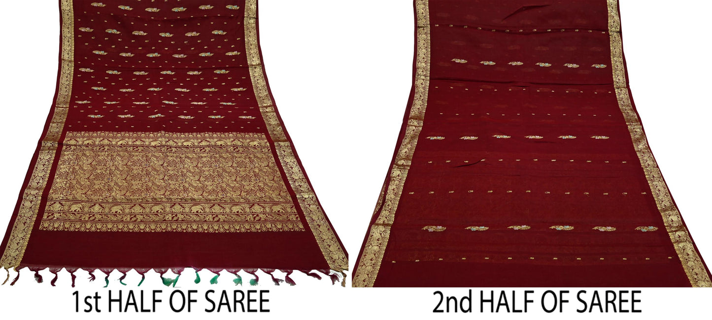 Indian Vintage Heavy Sari Maroon Kanjivaram Sarees 100% Pure Silk Zari 5Yd Floral Crafting Dress making For Crafting Quilting Upcycle