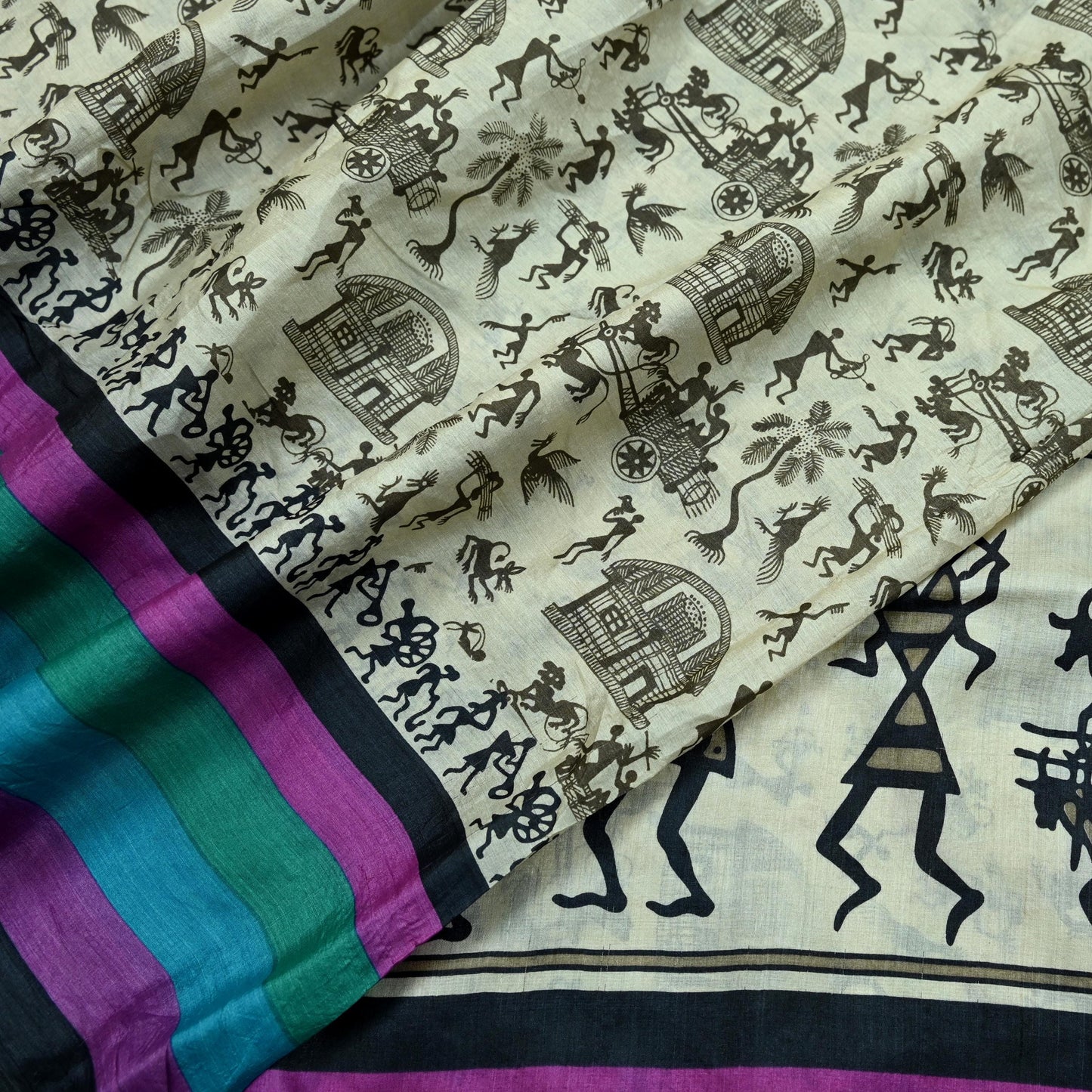 Indian Vintage Ivory Saree Pure Khadi Silk Handloom Warli Printed Sari Craft Fabric 5yd Ethnic Wear Sari Humans Dress making Crafting