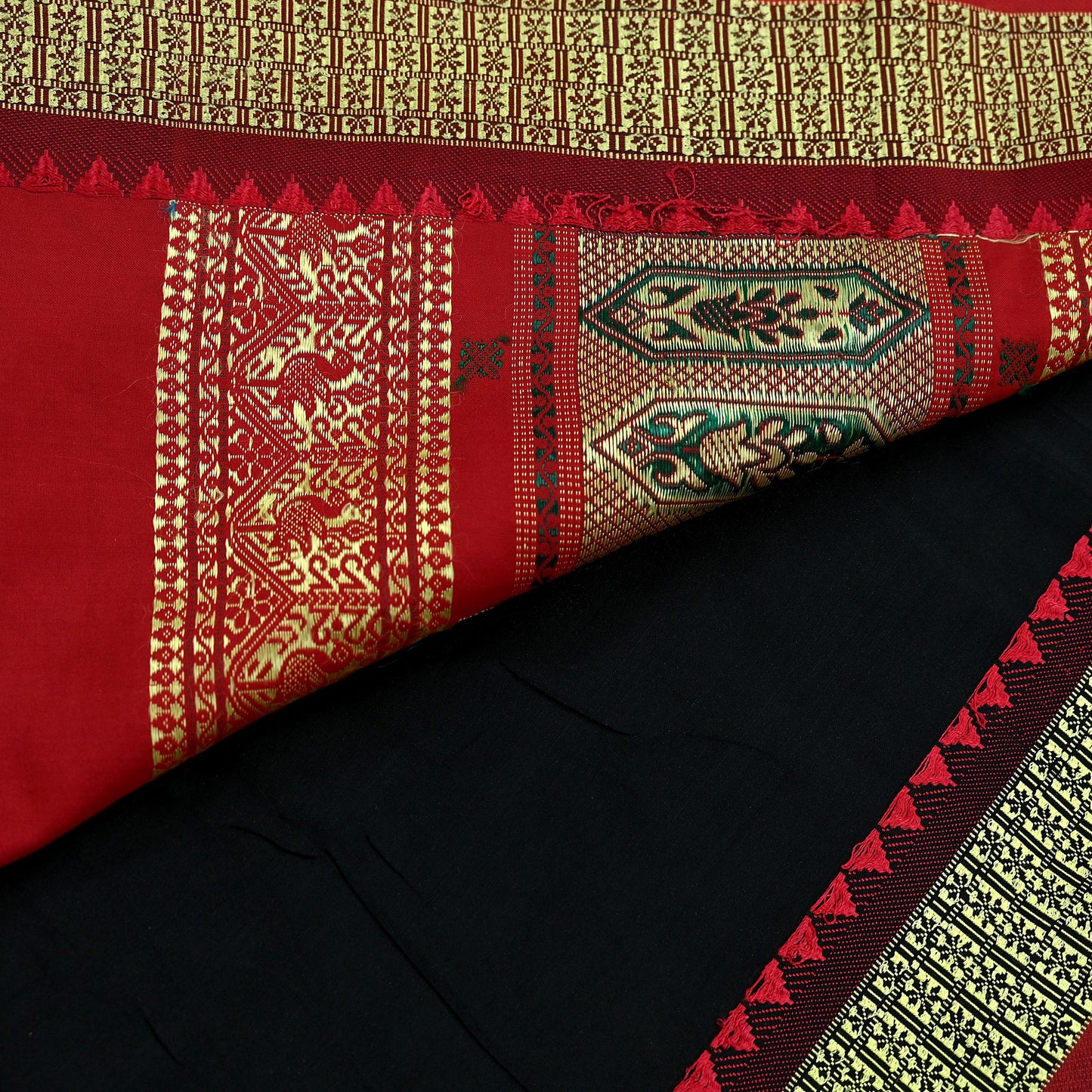 Indian Vintage Sari Black & Red Artificial Silk Hand Woven Saree Fabric 5yd Sewing Craft Dress Making Soft Floral Ethnic