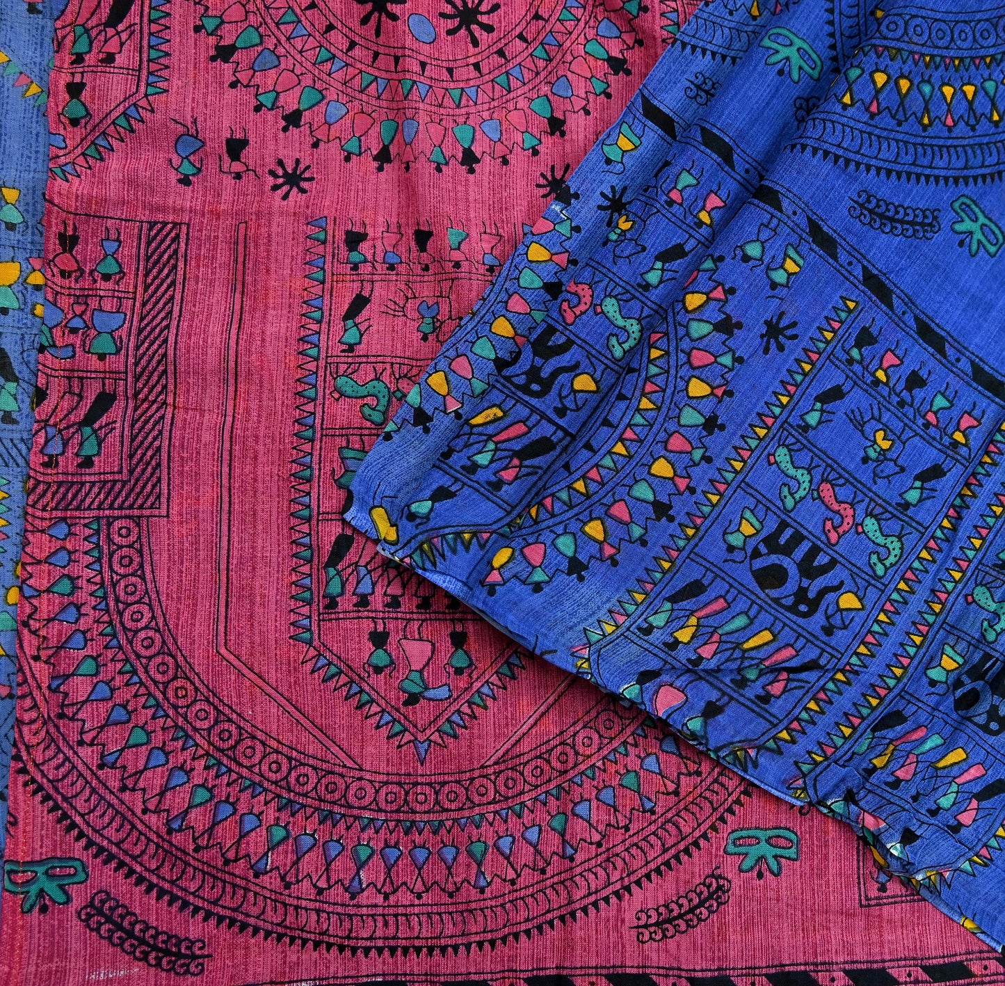 Indian Vintage Blue & Pink Saree Warli Print Pure Cotton Sari Craft Fabric 5Yd Soft Sewing Sarong Wrap Boho Dress making Crafting Quilting