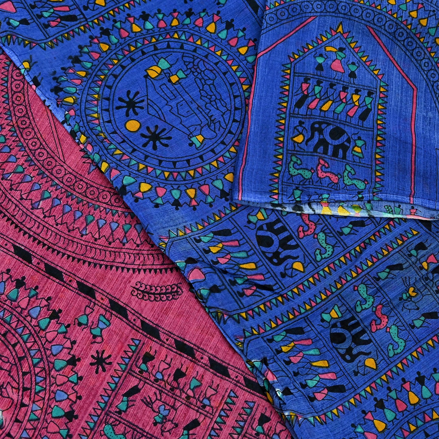 Indian Vintage Blue & Pink Saree Warli Print Pure Cotton Sari Craft Fabric 5Yd Soft Sewing Sarong Wrap Boho Dress making Crafting Quilting
