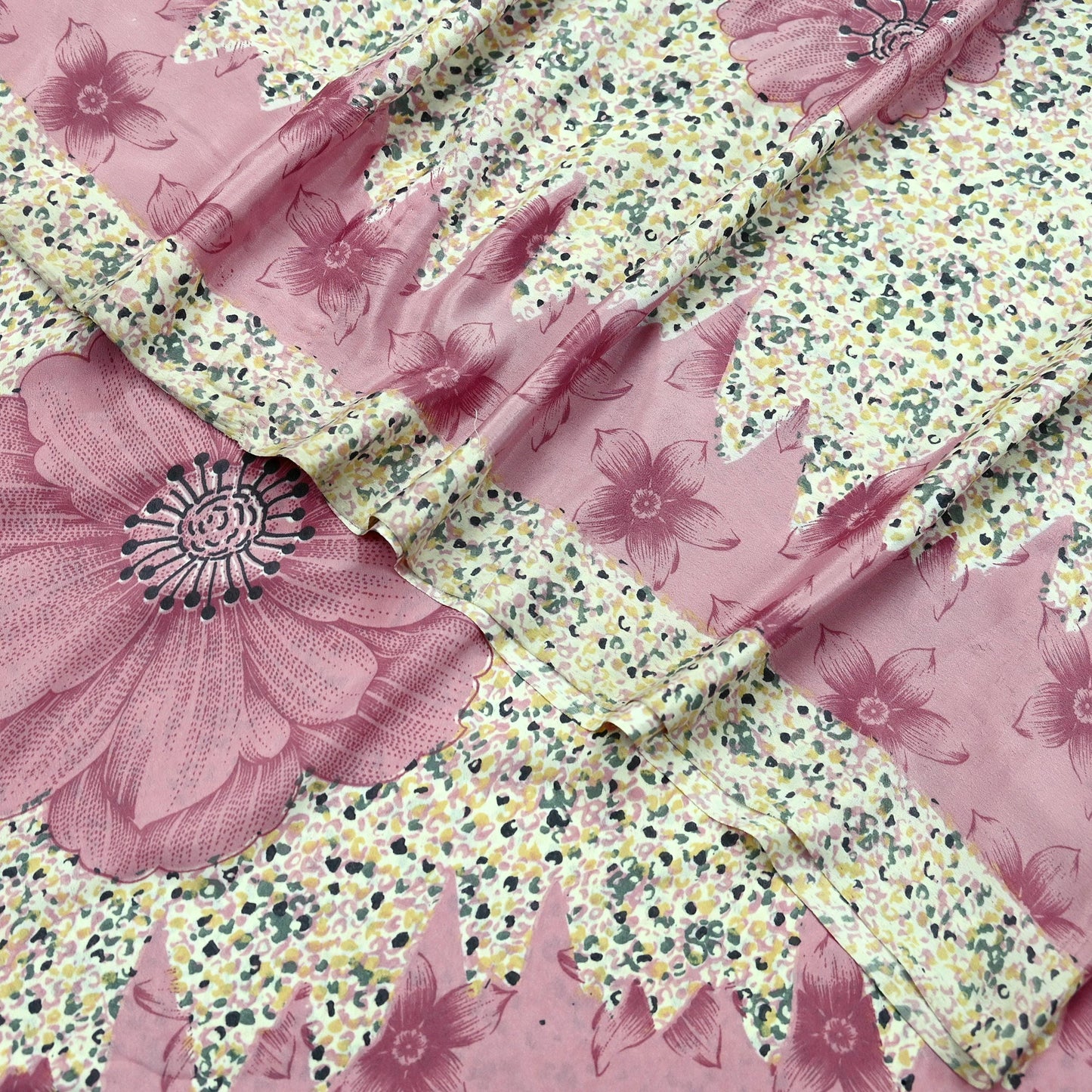 Indian Vintage Sari Ivory & Pink Moss Crepe Printed Sarees 5yd Craft Fabric Sewing Floral Soft Dress making Quilting Crafting Upcycle Used