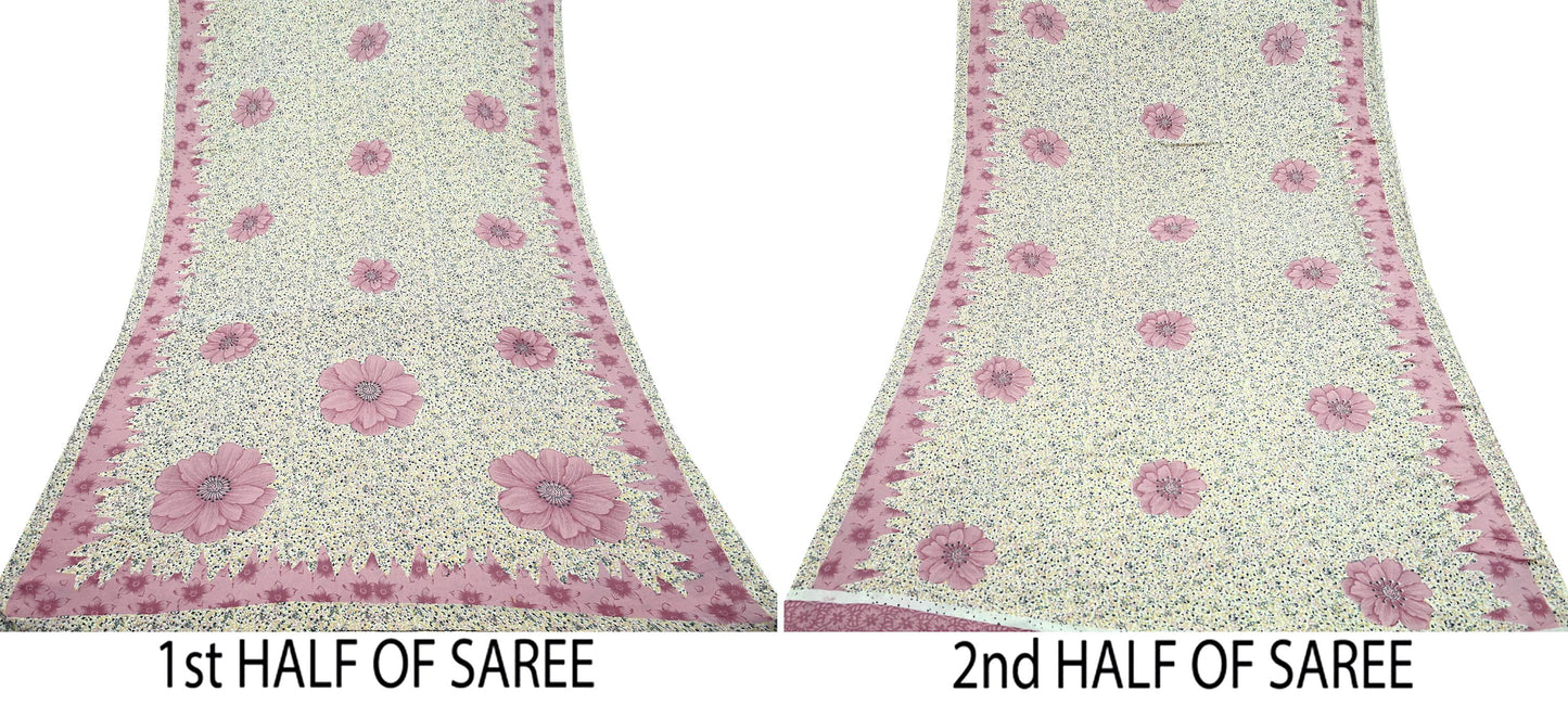 Indian Vintage Sari Ivory & Pink Moss Crepe Printed Sarees 5yd Craft Fabric Sewing Floral Soft Dress making Quilting Crafting Upcycle Used