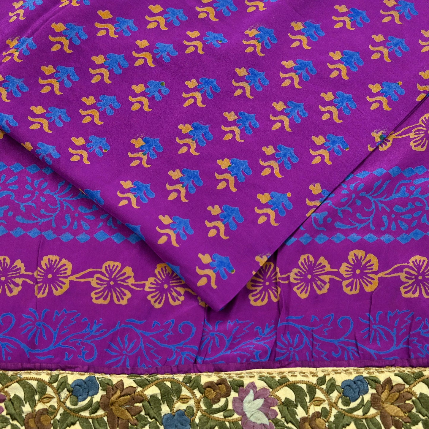 Indian Vintage Sari Purple Pure Crepe Silk Block Printed Saree 5yd Sewing Floral Craft Fabric Wrap Dress Making Quilting Crafting