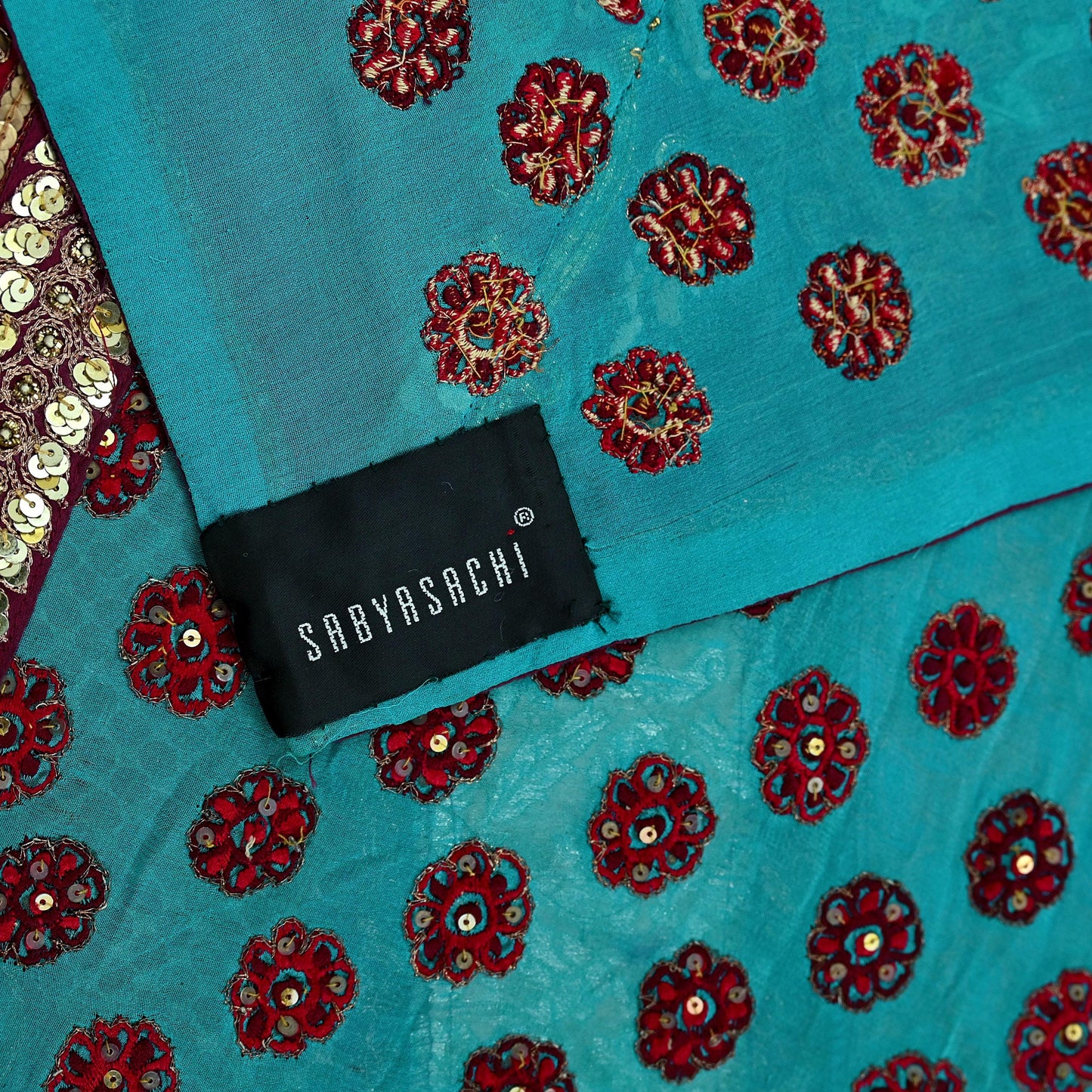 Indian Pre-Owned Sari Blue Pure Georgette Silk Hand Embroidered Designer Anamika Khanna Lehenga Sarees Ethnic Zardozi/Dabka Wedding Sarees