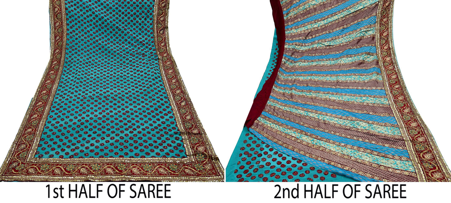 Indian Pre-Owned Sari Blue Pure Georgette Silk Hand Embroidered Designer Anamika Khanna Lehenga Sarees Ethnic Zardozi/Dabka Wedding Sarees