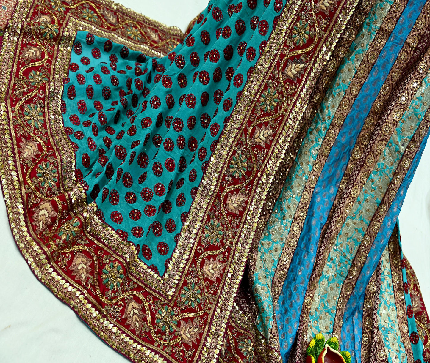 Indian Pre-Owned Sari Blue Pure Georgette Silk Hand Embroidered Designer Anamika Khanna Lehenga Sarees Ethnic Zardozi/Dabka Wedding Sarees