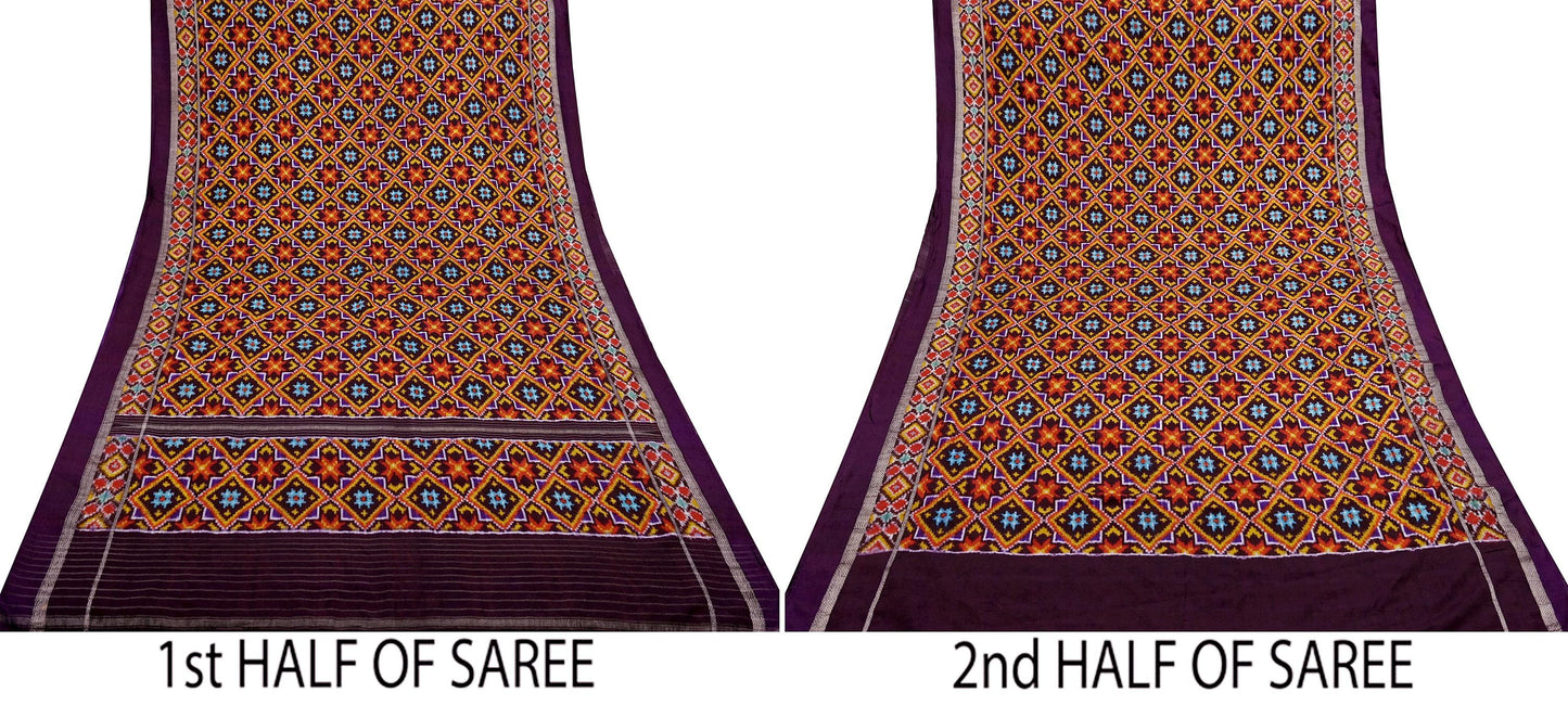 Indian Antique Vintage Coffee Brown Sari Hand Woven Ikat Rajkot Patola Sarees 100% Pure Silk Craft Fabric 5Yd Dress Making Sewing