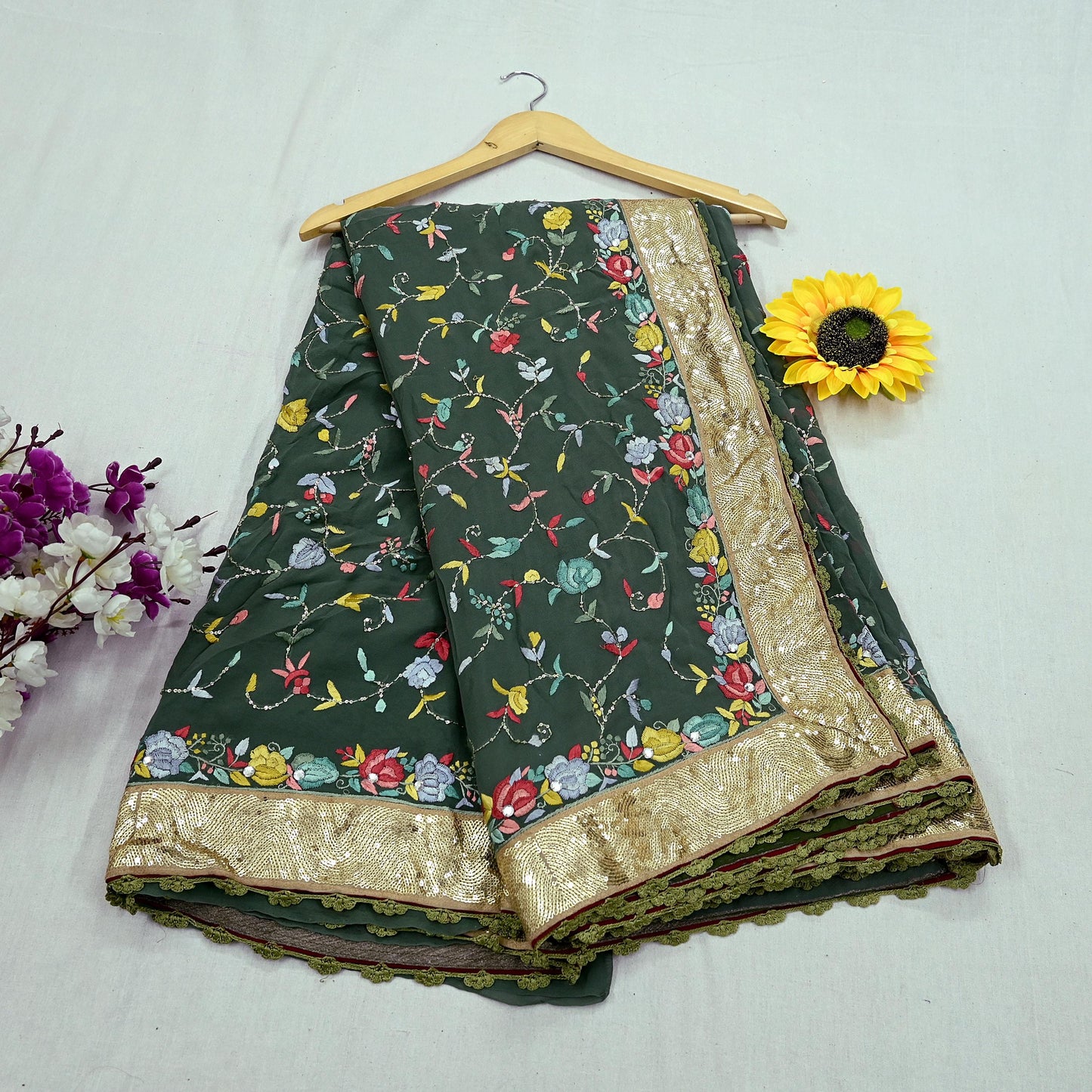 Indian Vintage Heavy Sari Green Pure Georgette Silk Hand Embroidered Parsi Gara Sarees Craft Fabric 5Yd Sewing Dress making Wedding Crafting