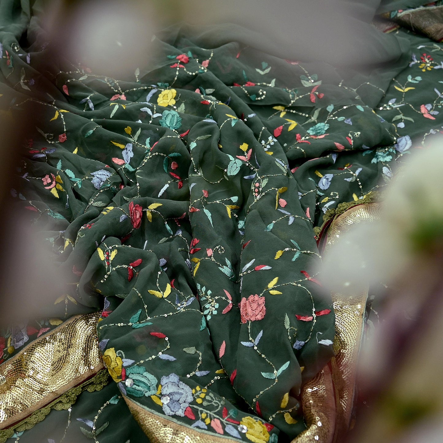 Indian Vintage Heavy Sari Green Pure Georgette Silk Hand Embroidered Parsi Gara Sarees Craft Fabric 5Yd Sewing Dress making Wedding Crafting