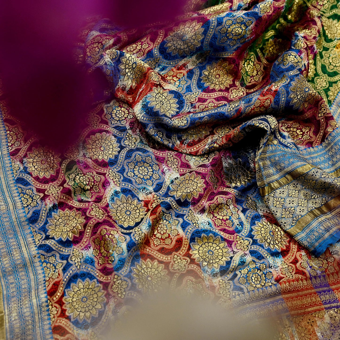 Indian Antique Vintage Heavy Wedding Sari Multi Pure Satin Silk Hand Woven Banarasi Sarees Zari 5Yd Pre-owned